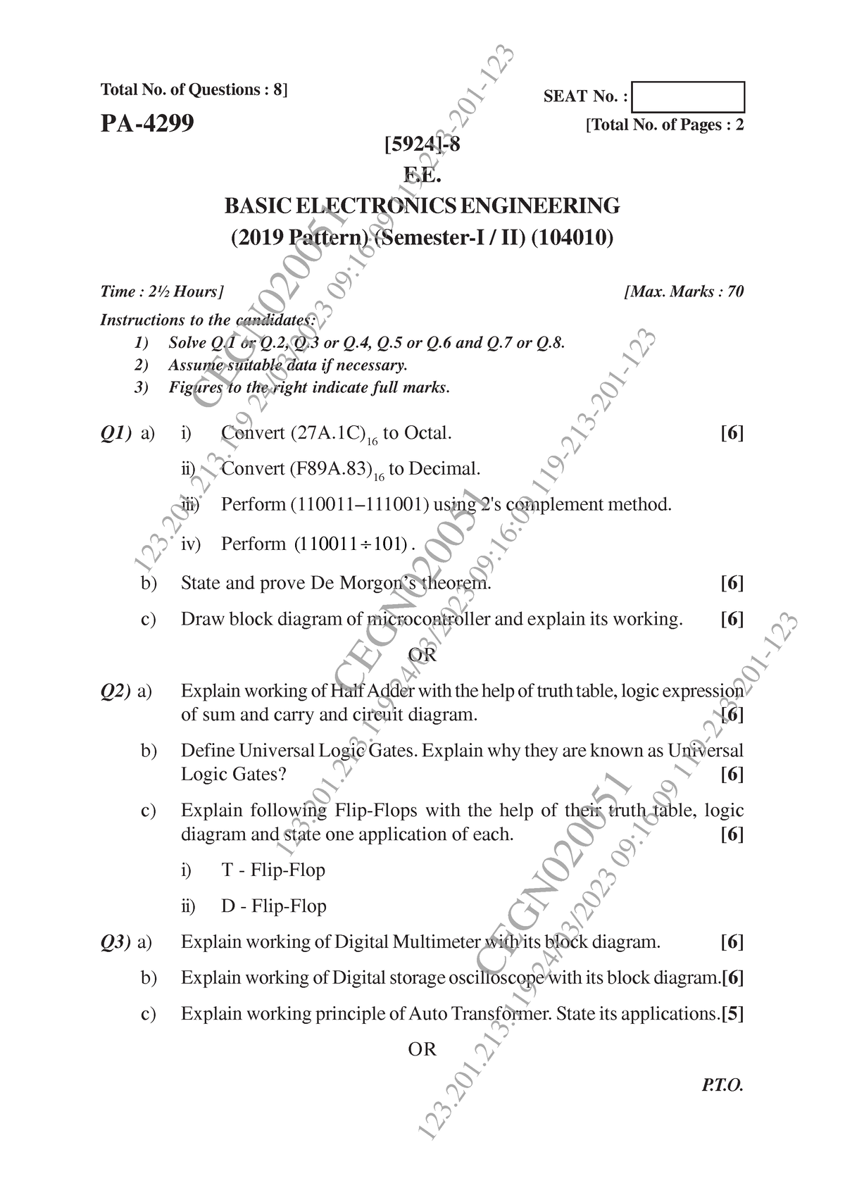 Bxe pyq 3 - Total No. of Questions : 8] [5924]- F. BASIC ELECTRONICS ...