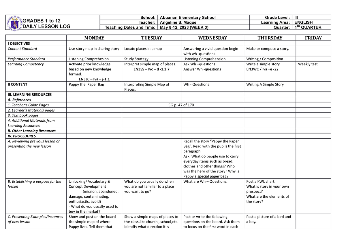 English 3 Q4 W3 DLL - DLL - GRADES 1 to 12 DAILY LESSON LOG School ...