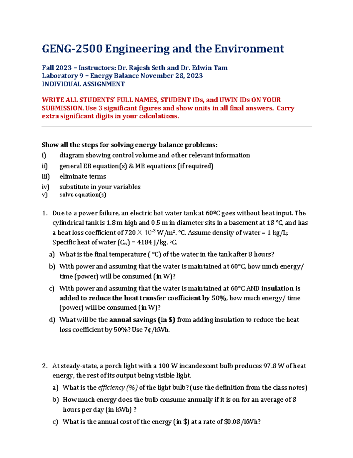2023 Lab 9 Energy Balance GENG‐ 2500 Engineering and the Environment