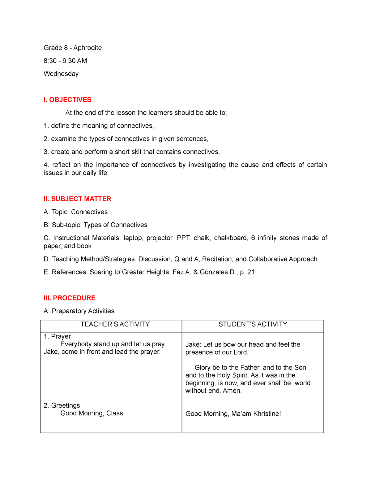 Grade 8 - Lesson plan - Grade 8 - Aphrodite 8:30 - 9:30 AM Wednesday I ...