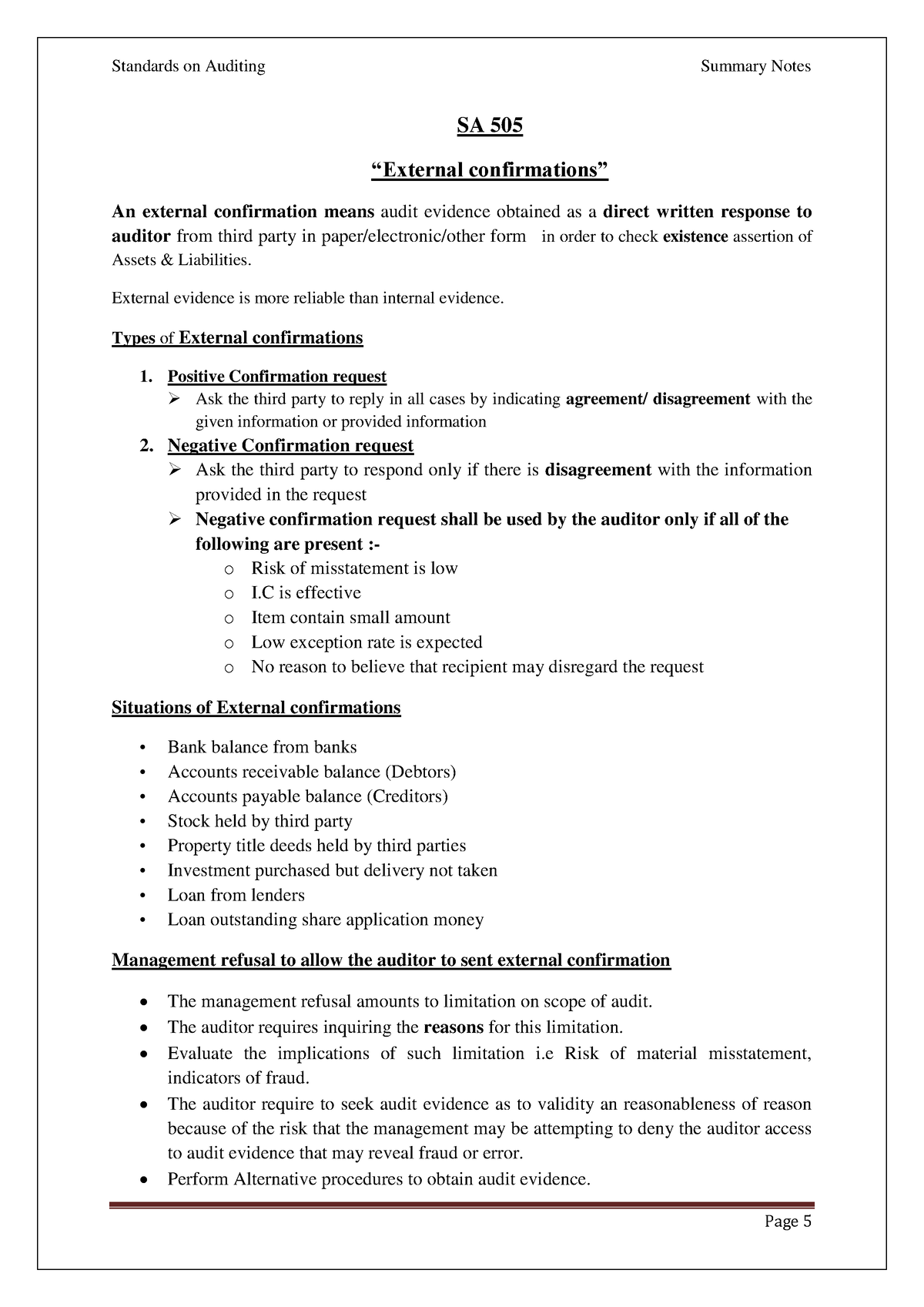 Sa 505-“external Confirmations”. - Standards On Auditing Summary Notes 