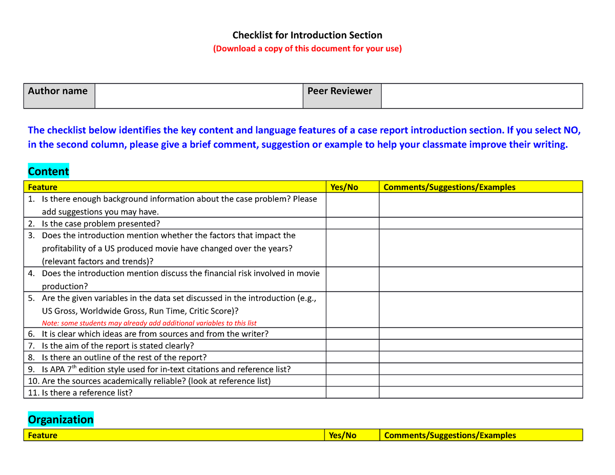 Week 5 Task 4 Introduction Section Checklist Template - Checklist for ...