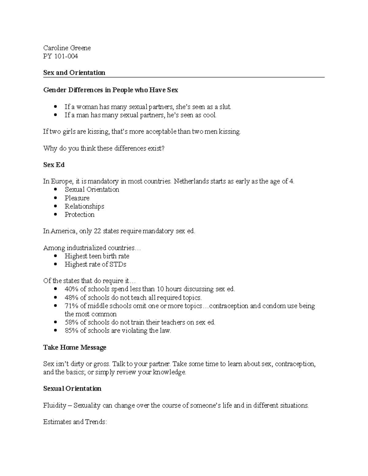 PY 101 Lecture 12 - Sexual Behavior & Sex Ed - Caroline Greene PY 101- Sex  and Orientation Gender - Studocu