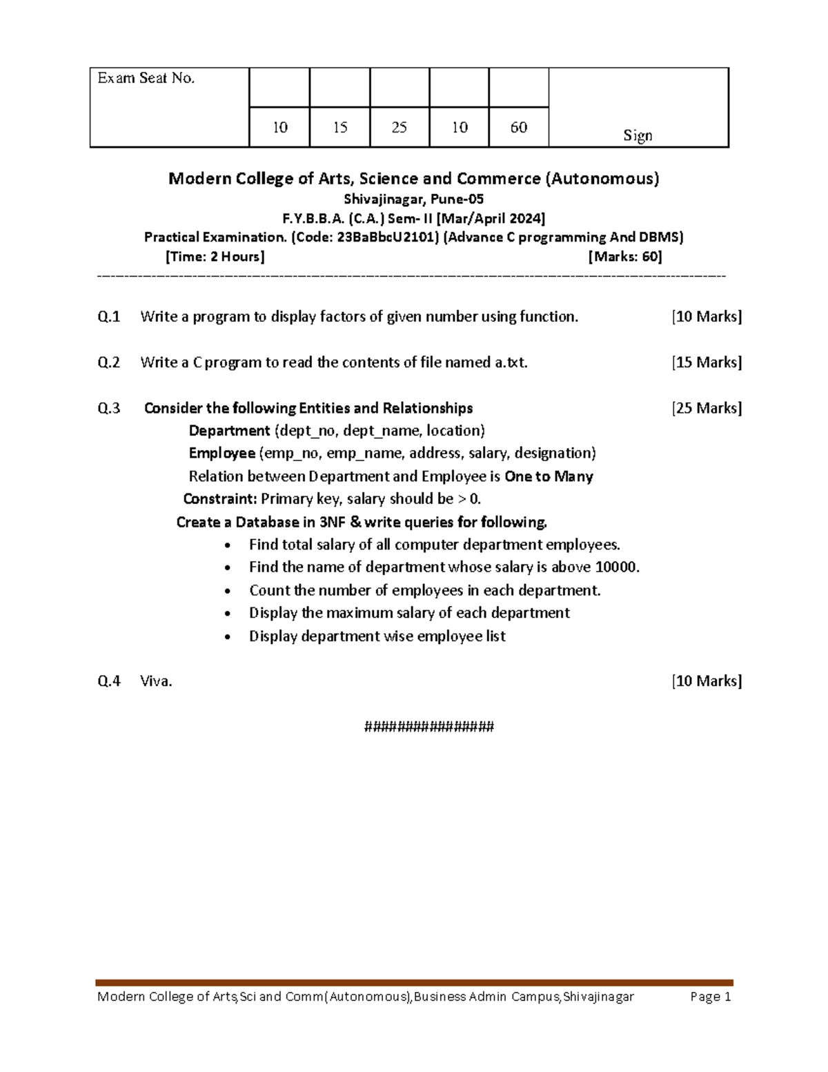 NEP Sem 2 Practical Slips Advance C Programming-DBMS - 10 15 25 10 60 ...