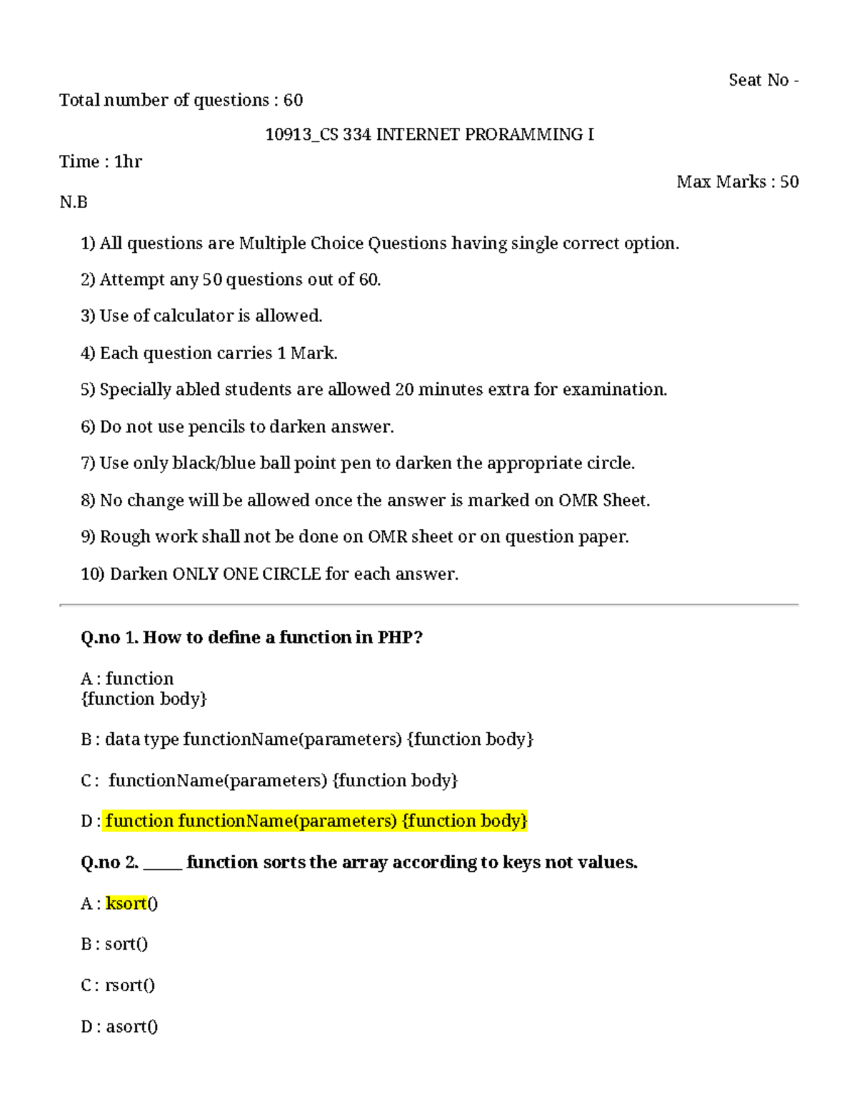 10913 CS 334 Proramming I Total number of questions 60