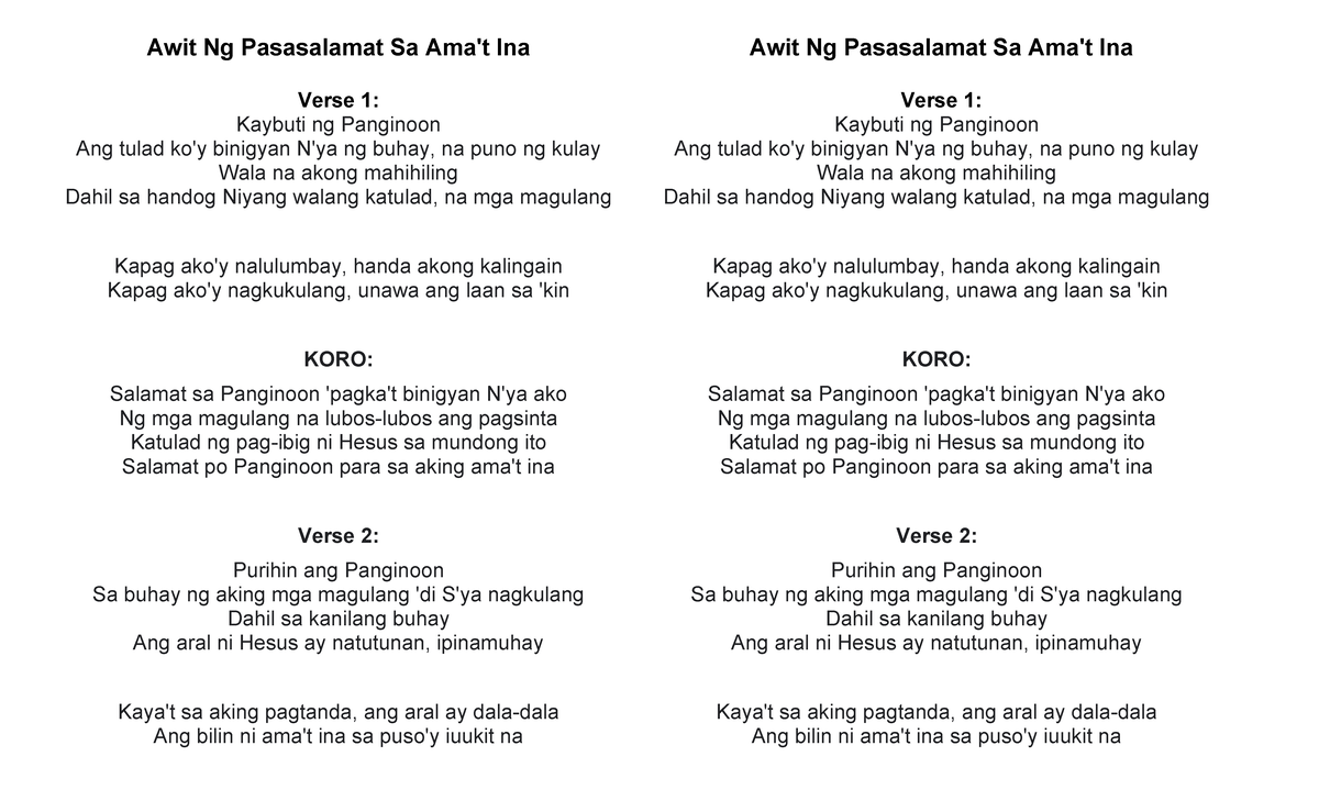 Awit Ng Pasasalamat Sa Ama - Studocu