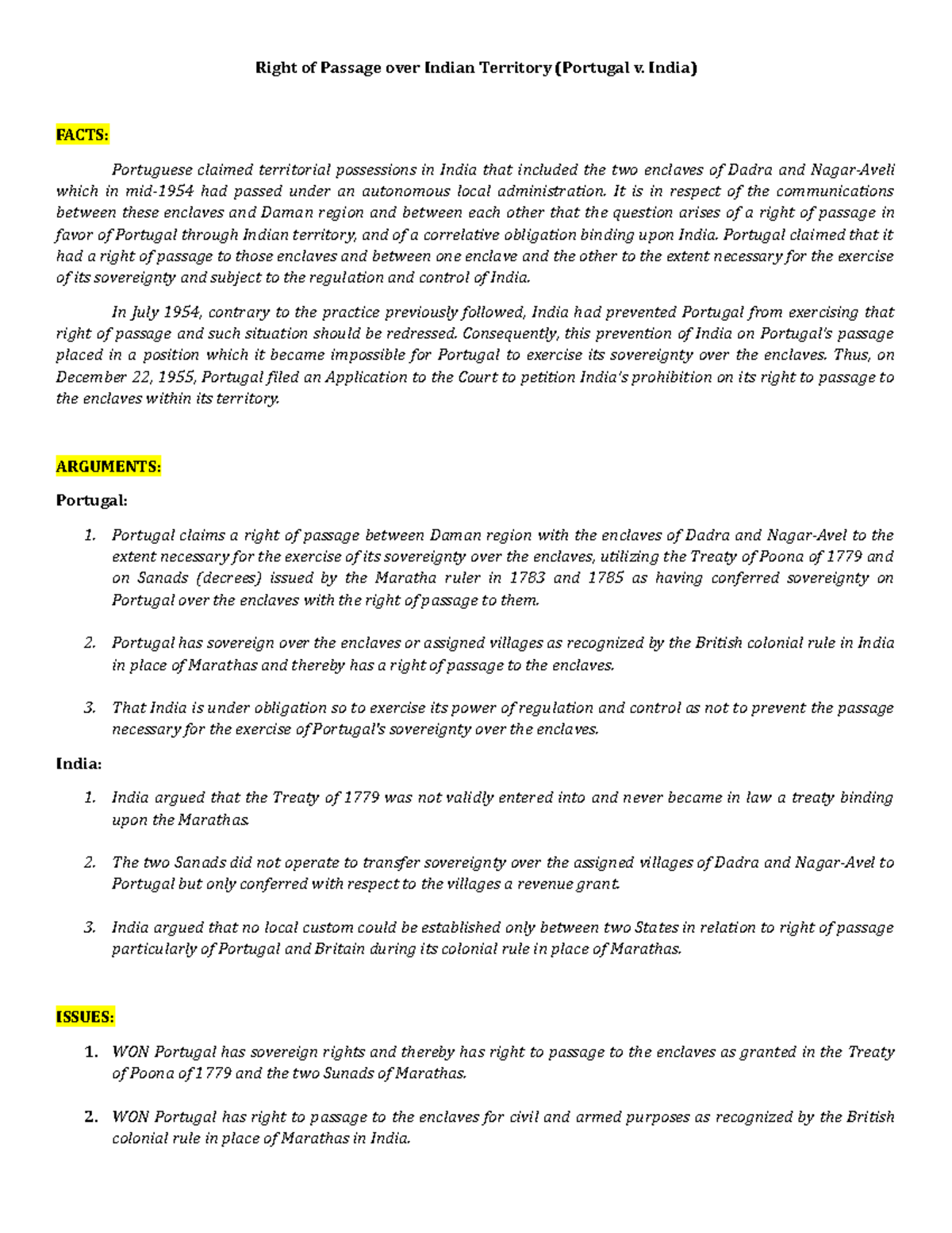 Right of Passage over Indian Territory Case Digest Right of Passage