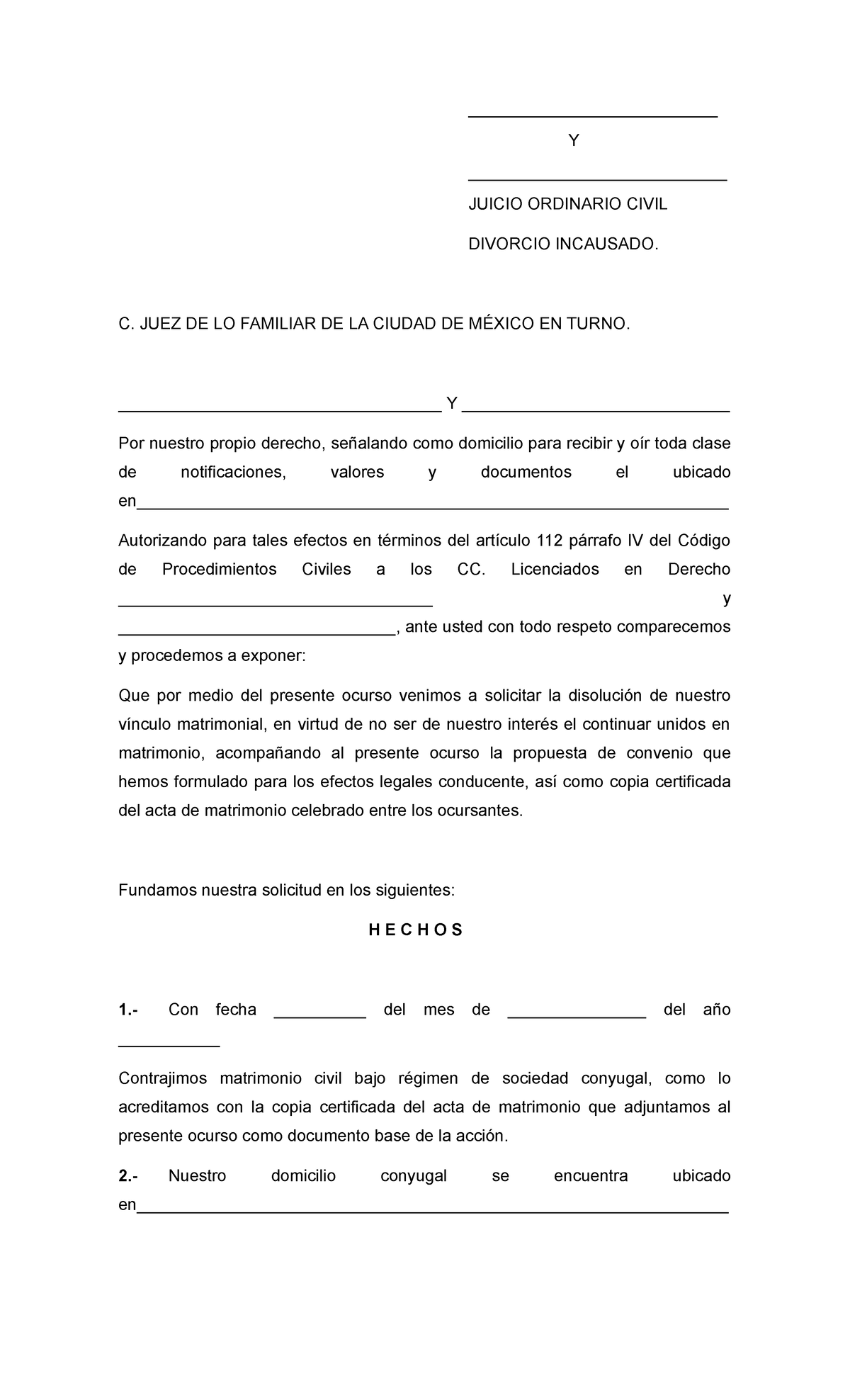 Divorcio Bilateral O Incausado - ___________________________ Y
