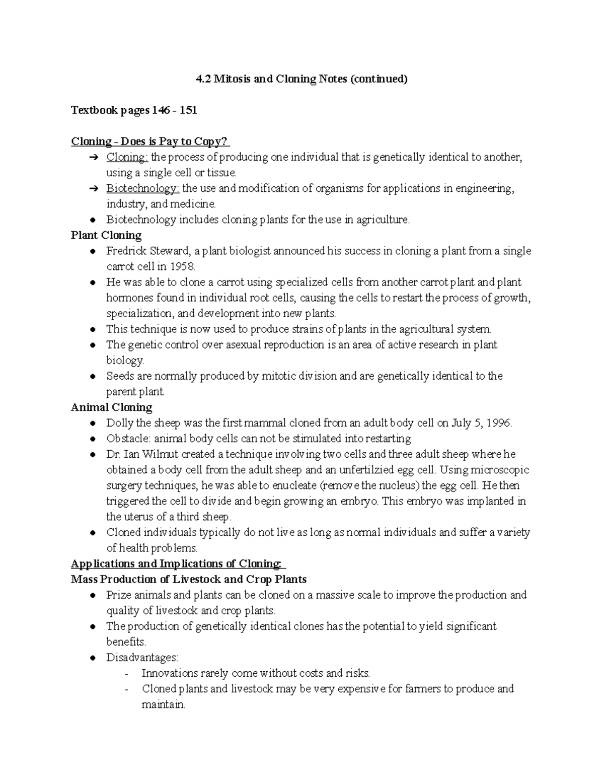 4.2 Mitosis and Cloning Notes (continued) - 4 Mitosis and Cloning Notes ...