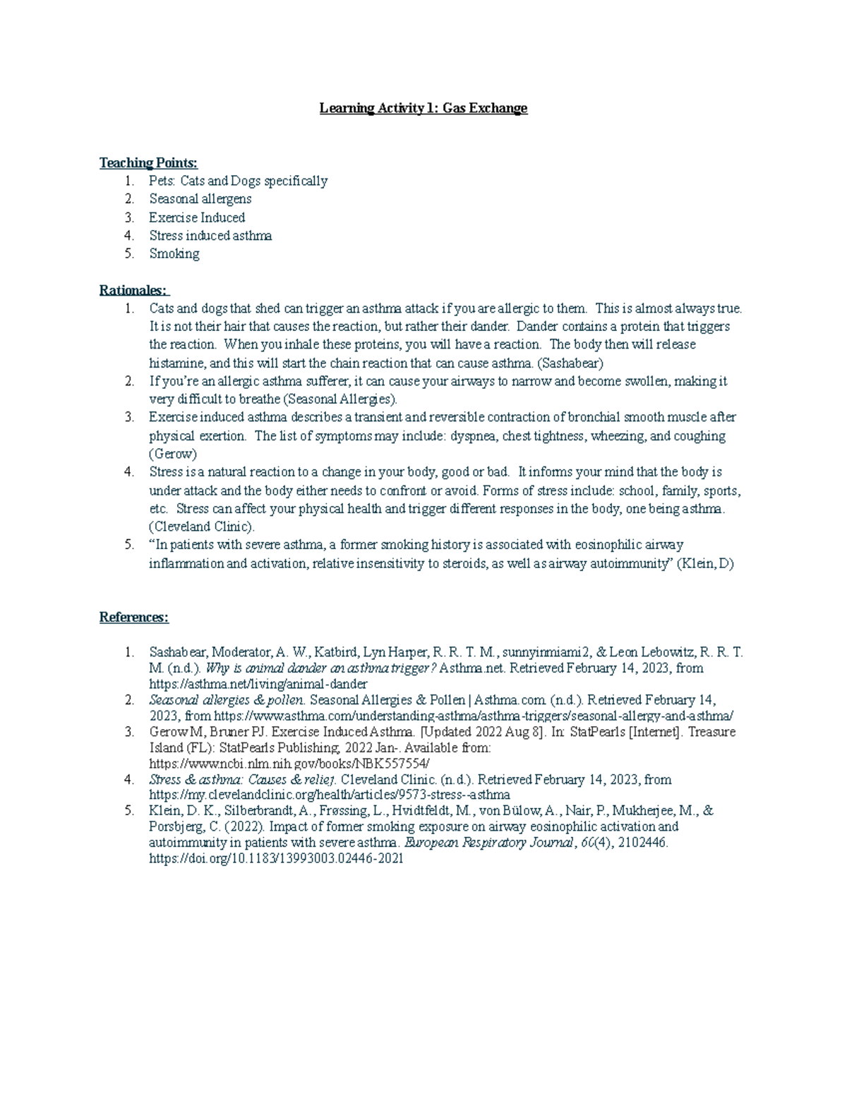 Learning Activity 1 Gas Exchange Learning Activity 1 Gas Exchange