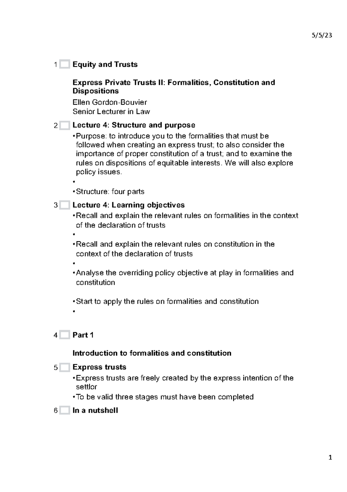 Lecture 4 Formalities - 5/5/ 1 Equity and Trusts Express Private Trusts ...