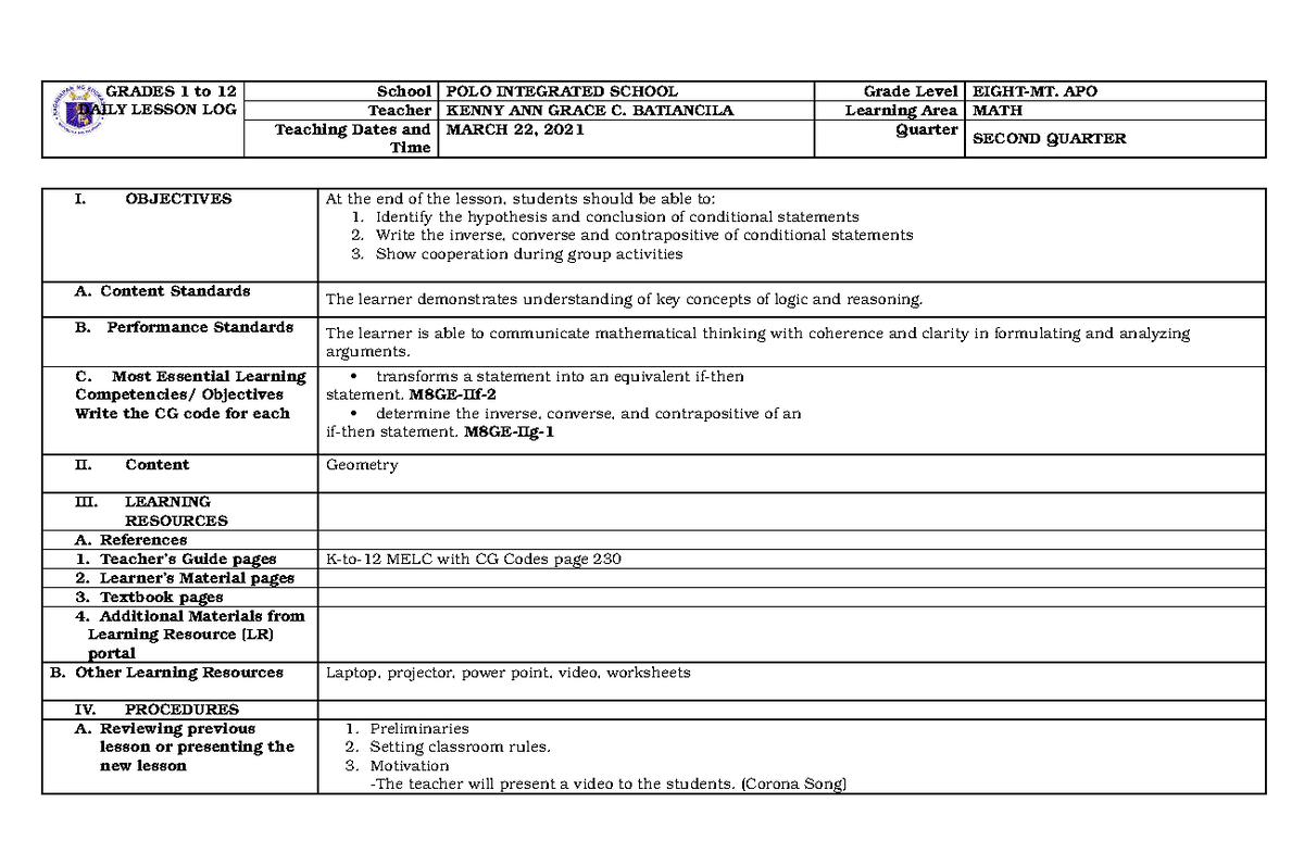 Math 8 COT DLL - GRADES 1 To 12 DAILY LESSON LOG School POLO INTEGRATED ...