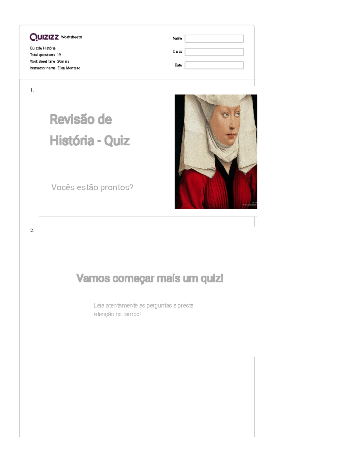 Quiz de História Quizizz - Worksheets Quiz de História Total questions ...