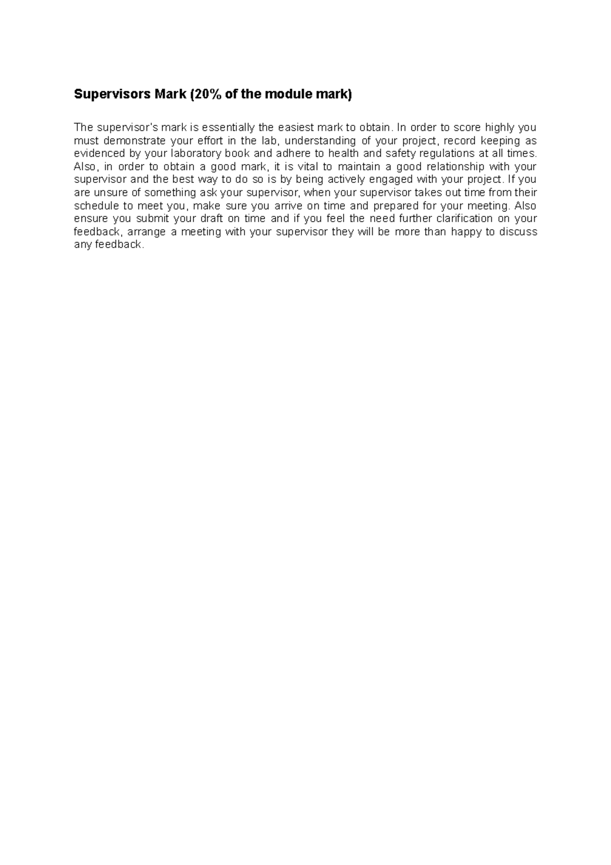 SupervisorsBrief - Supervisors Mark (20% of the module mark) The ...