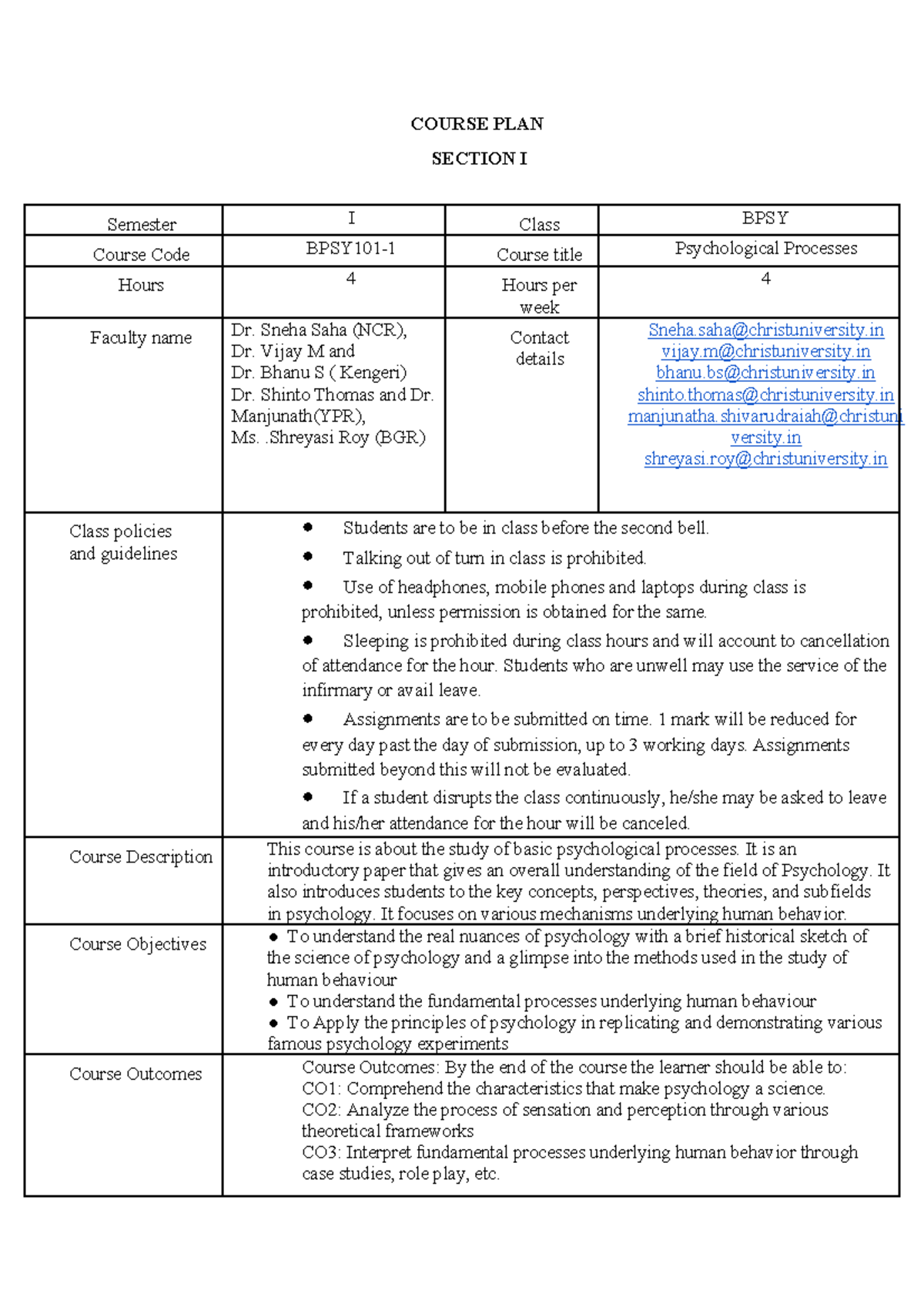 Course plan- psych proc - COURSE PLAN SECTION I Semester I Class BPSY ...