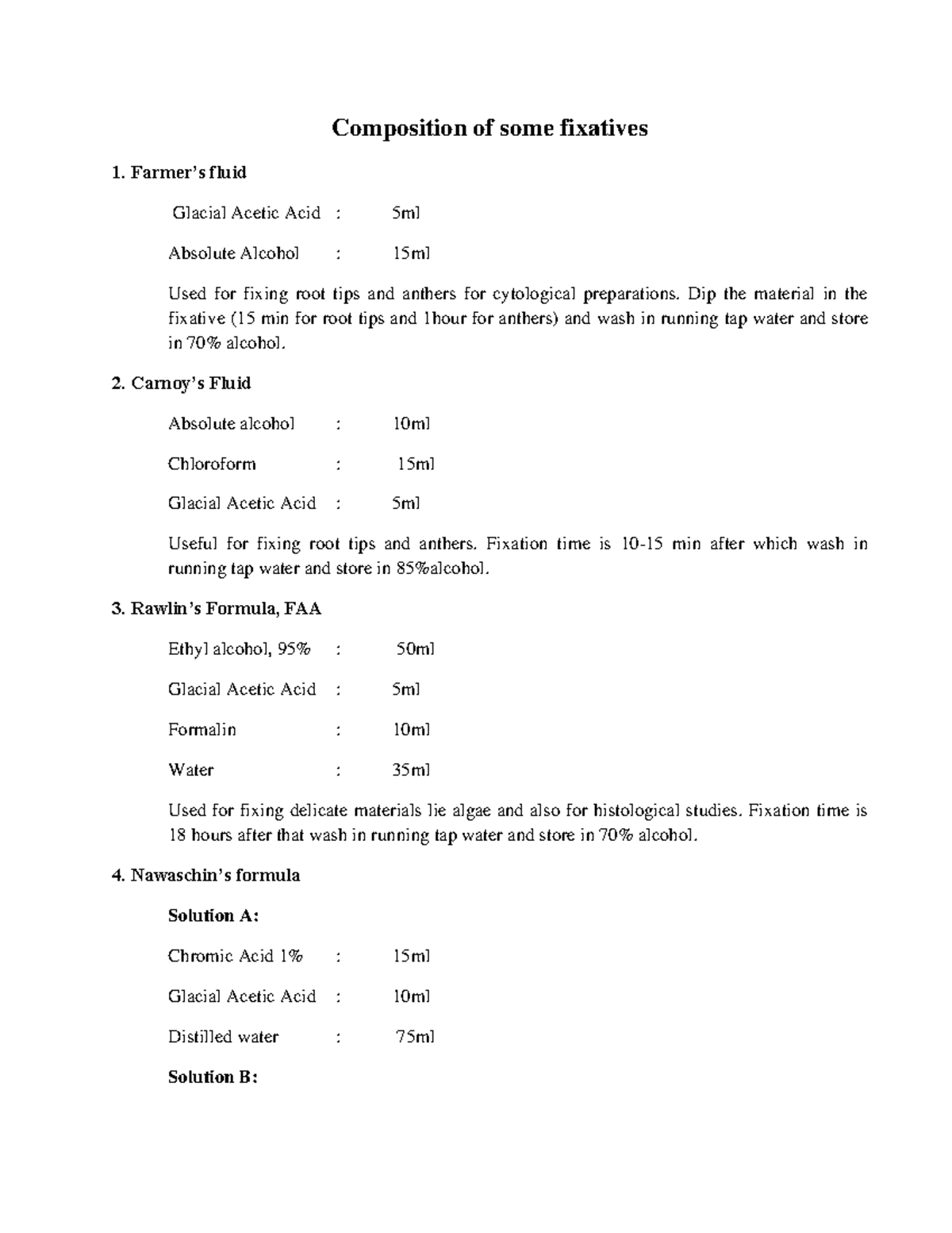 Composition of some fixativesconverted Composition of some fixatives