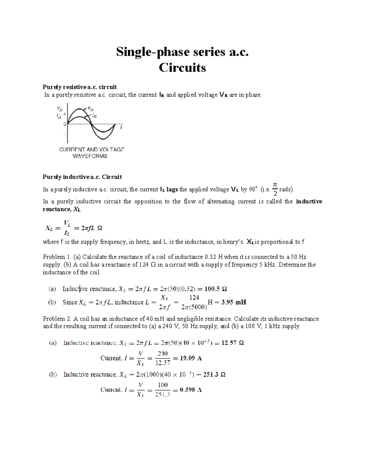 RLC - Summary Electrical Machines - Single-phase series a. Circuits ...