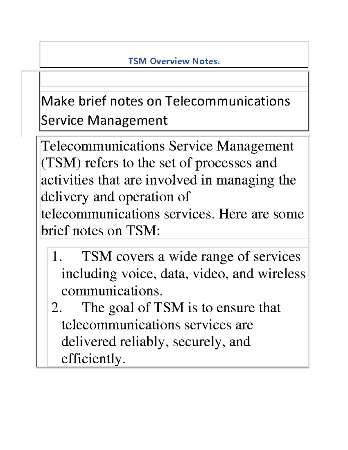 14 TSM Overview Notes. Make brief notes on Service Management