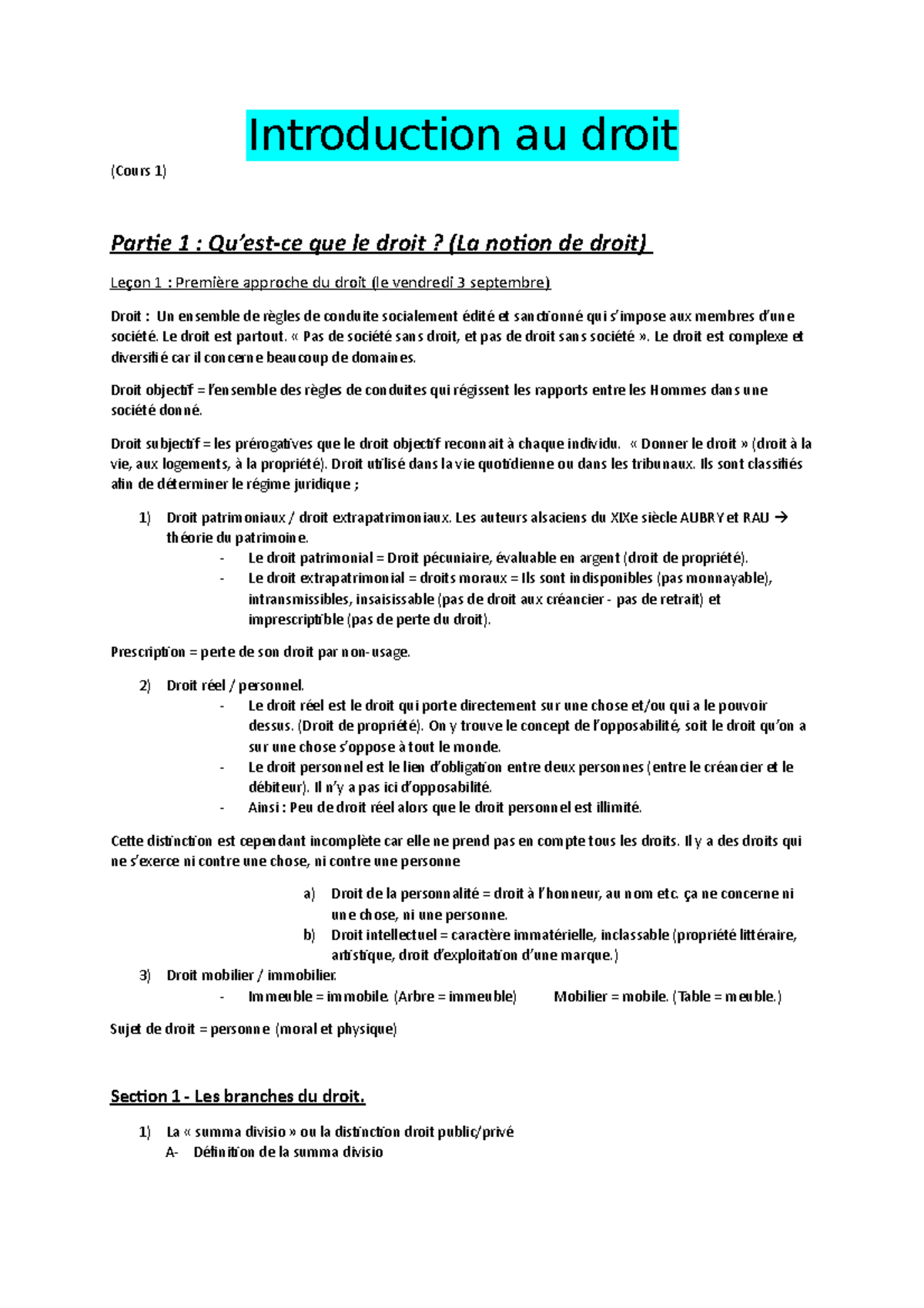 Intro au droit Partie 1 - Introduction au droit (Cours 1) Partie 1 : Qu ...