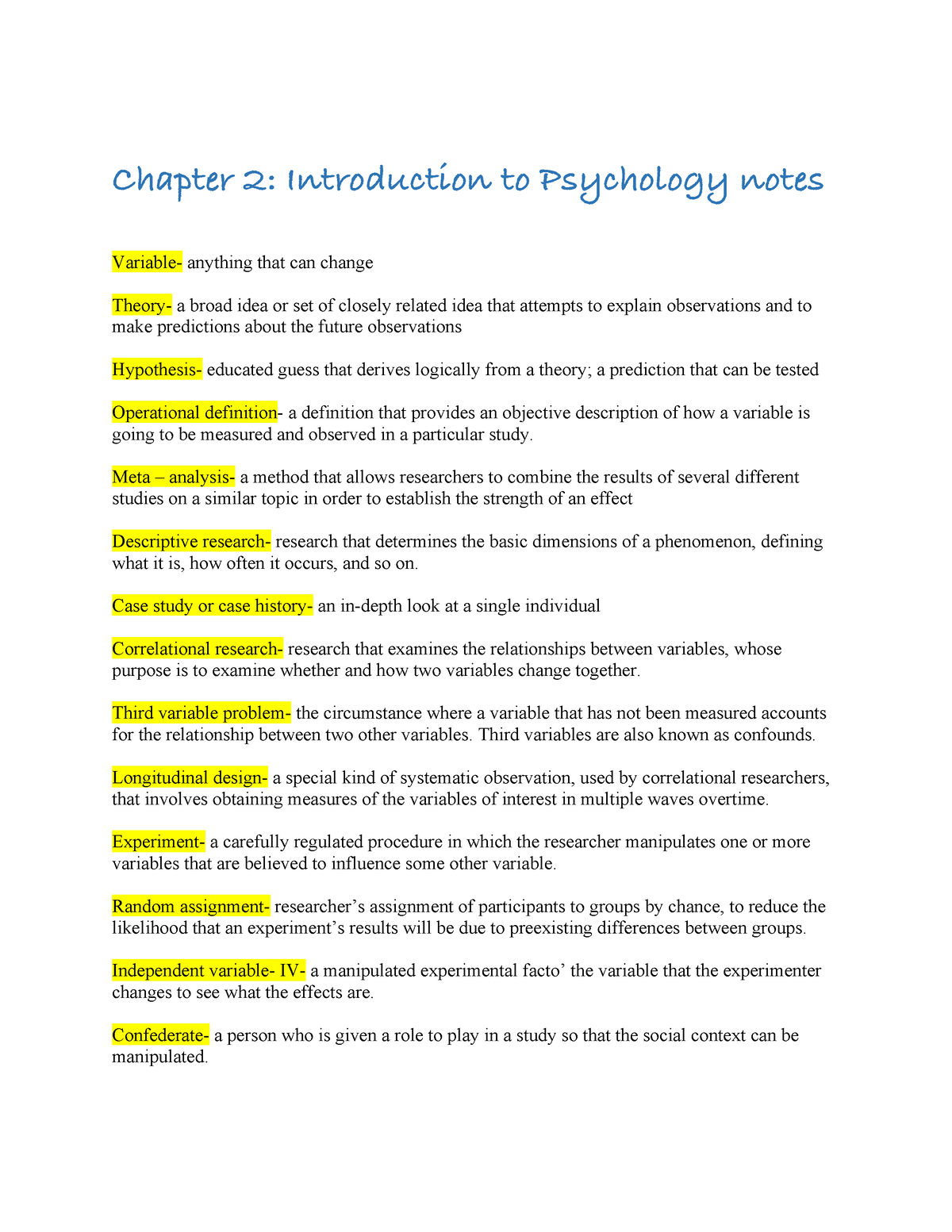 Chapter 2 Psychology Notes Chapter 2 Introduction To Psychology Notes Variable Anything That 
