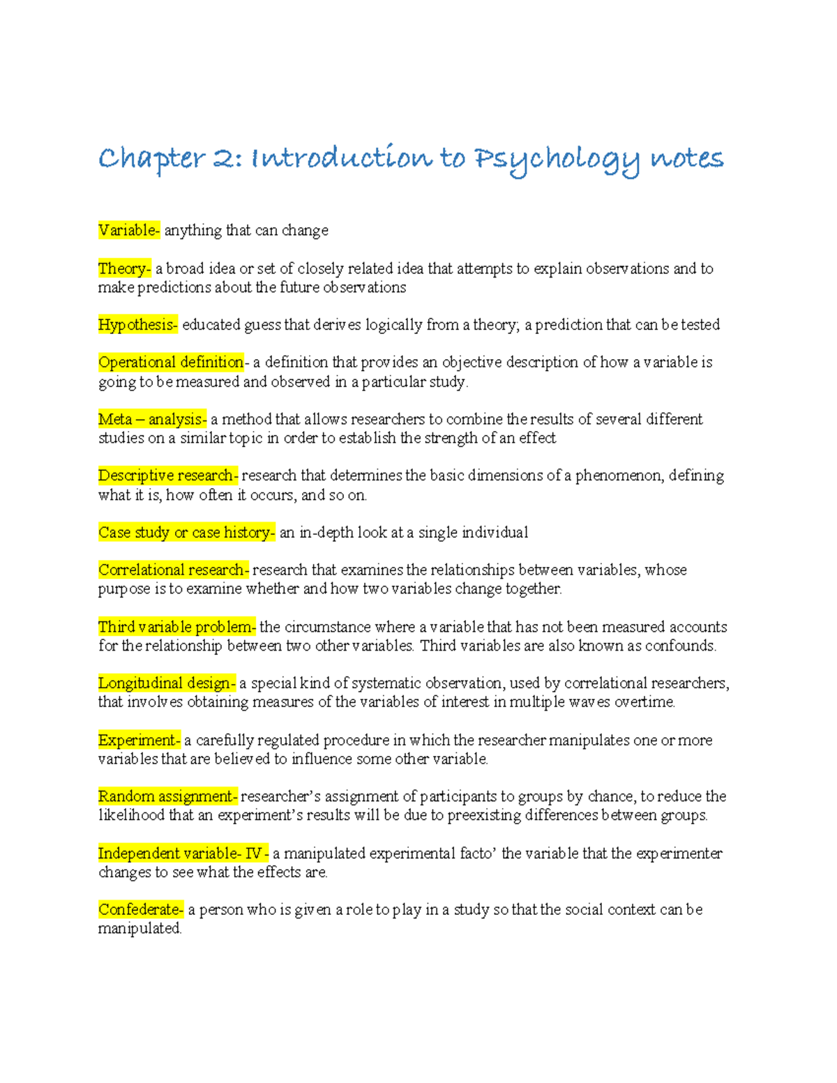 Chapter 2 Psychology Notes Chapter 2 Introduction To Psychology Notes Variable Anything That 