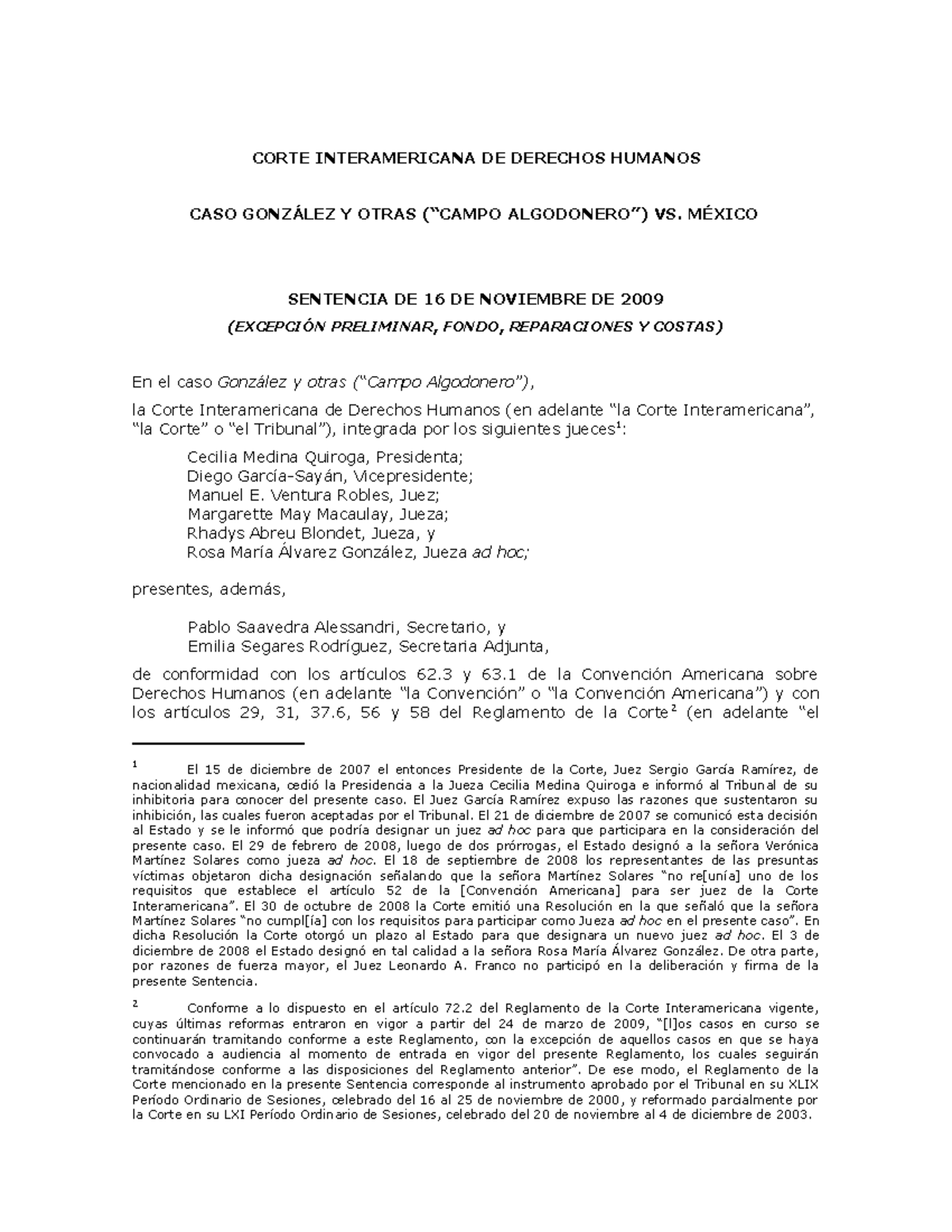 Caso González y Otras (Campo Algodonero) Vs PDF Justicia Crimen y violencia
