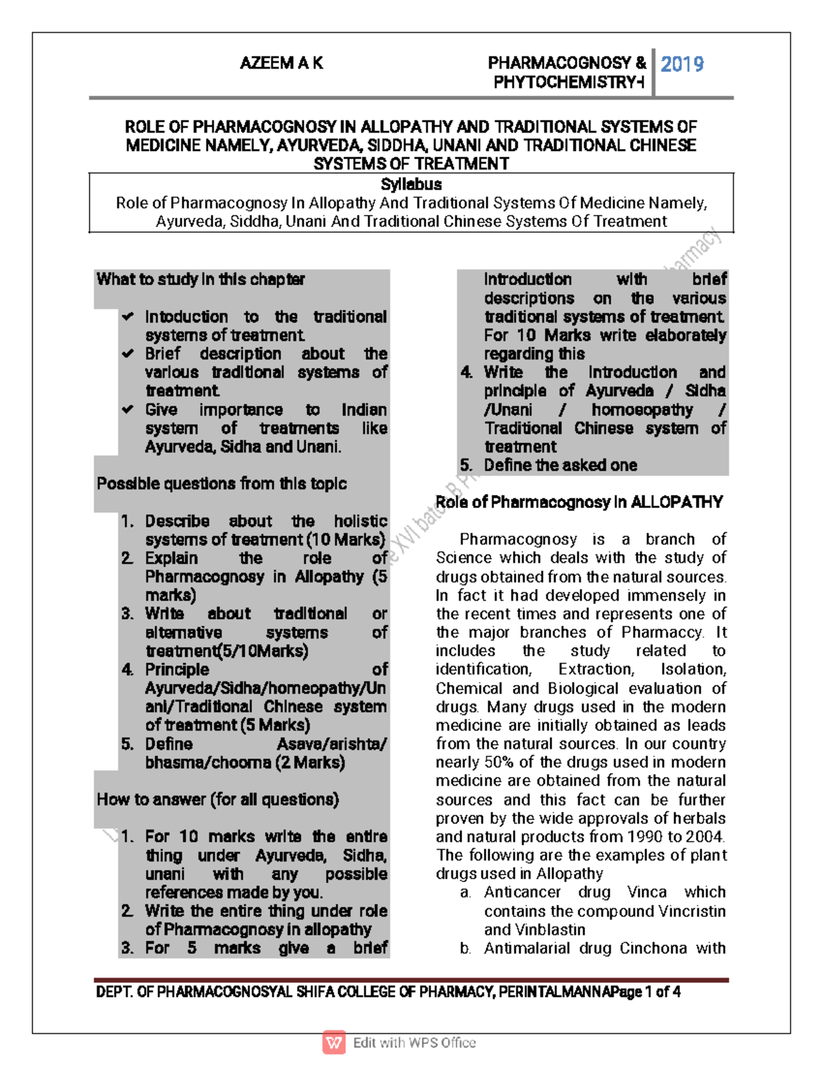 Traditional System OF Medicine P H Y T O C H E M I S T R Y I 2 0 1