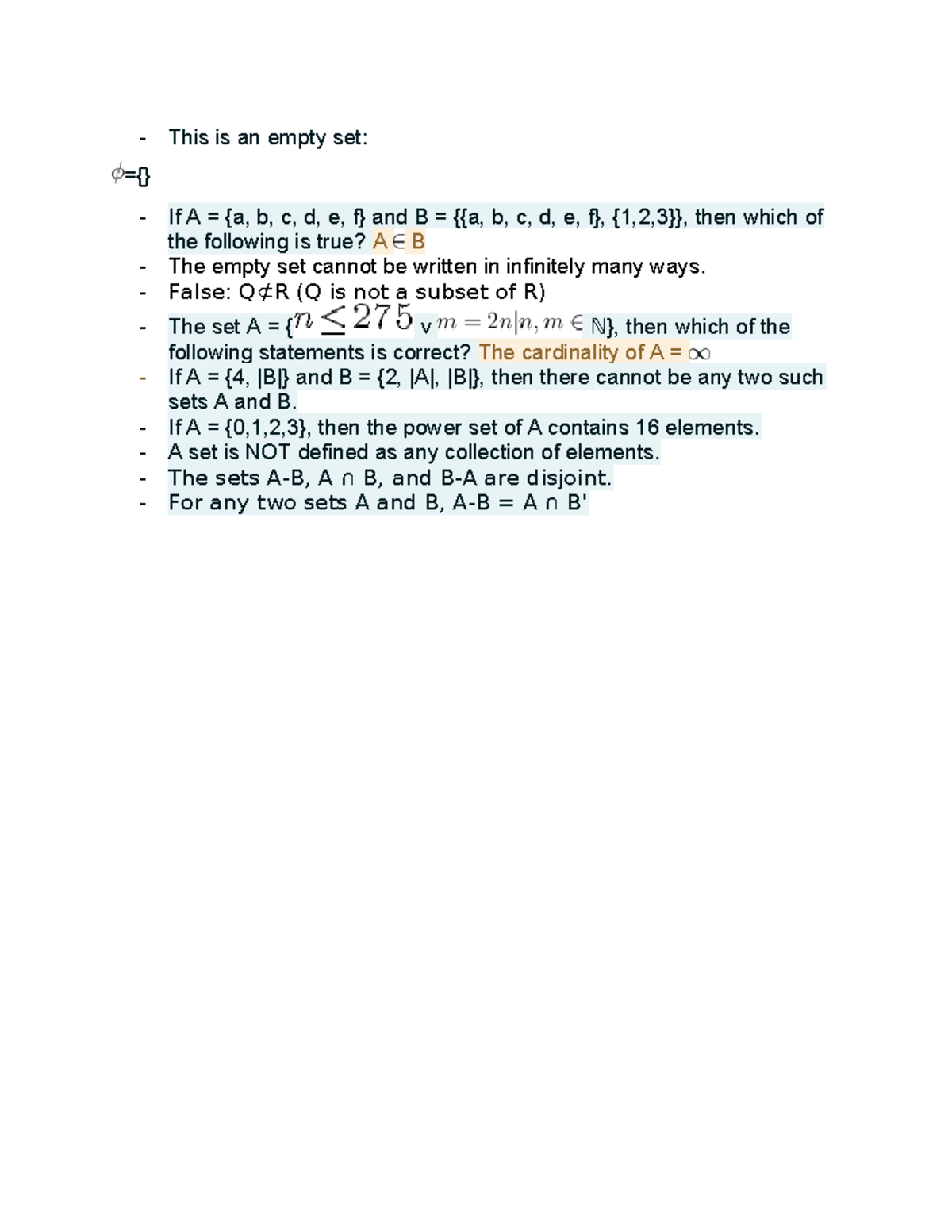 Notes MATH 1302 Discrete Mathematics - This Is An Empty Set: ={} If A ...