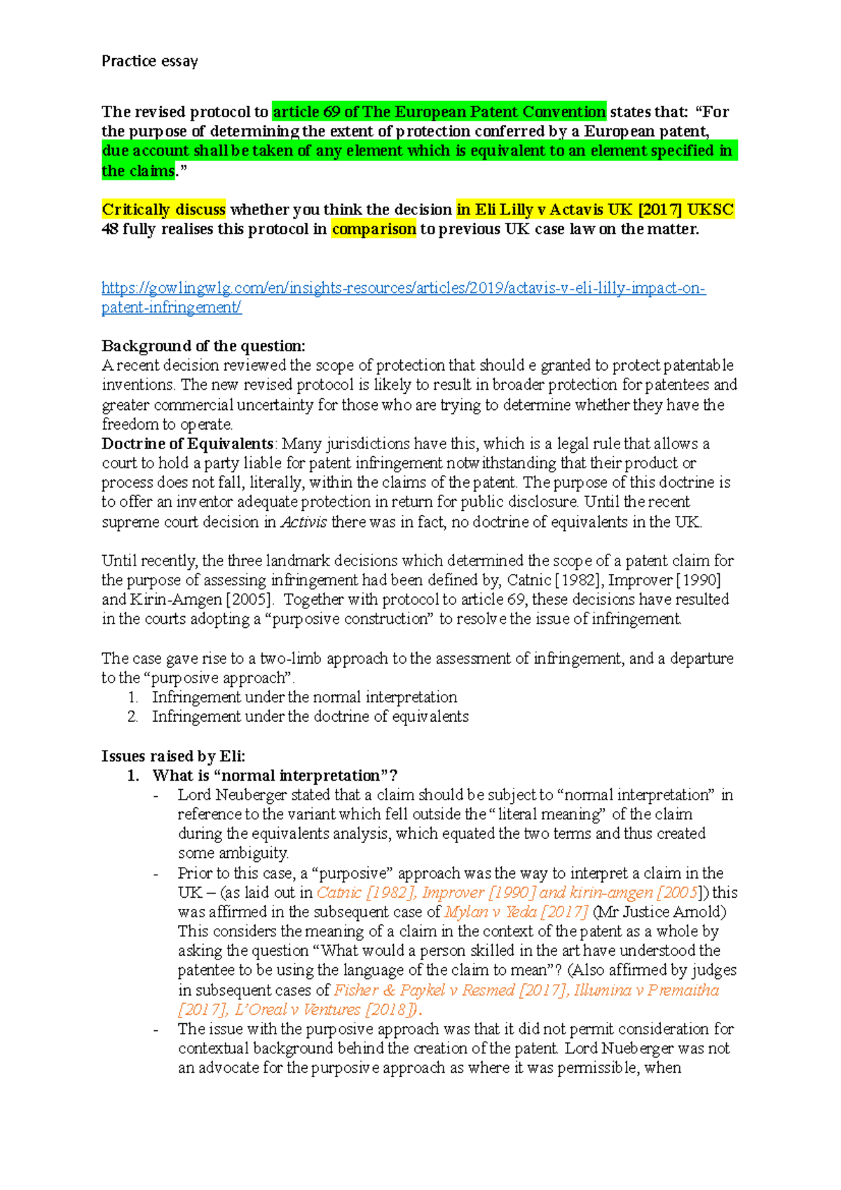Essay- Article 69 and Activis v Eli Lily - Practice essay The revised ...