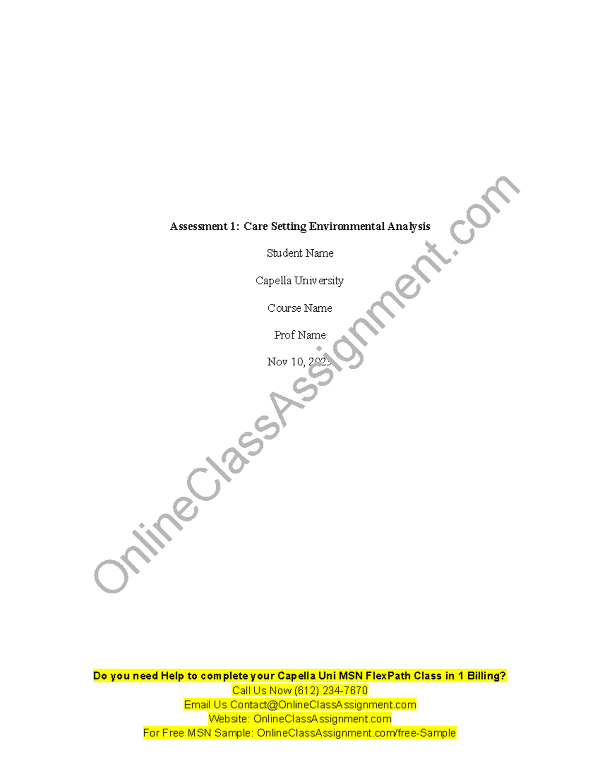 NURS FPX 6210 Assessment 1 Care Setting Environmental Analysis ...