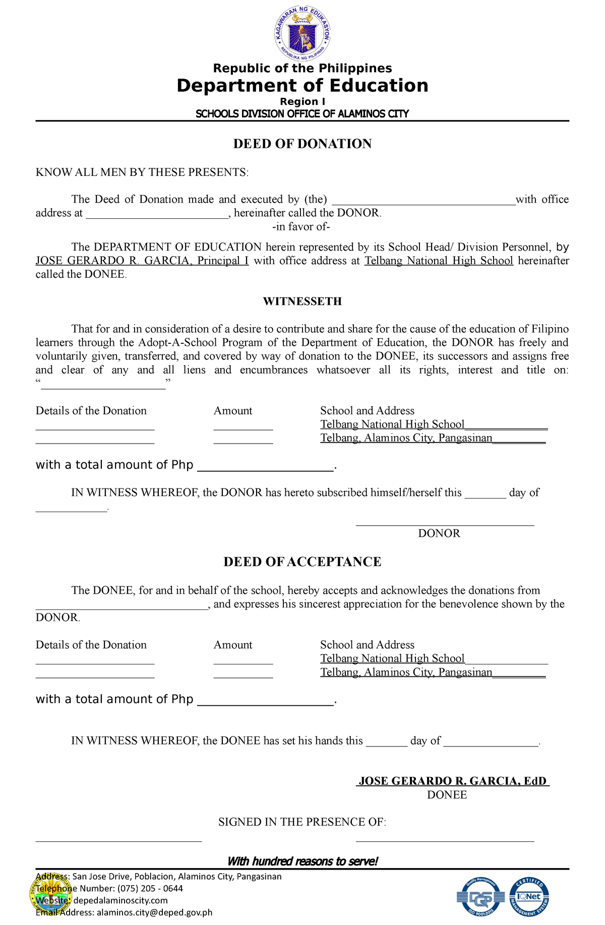 Deed Of Donation And Deed Of Acceptance Template Republic Of The Philippines Department Of 