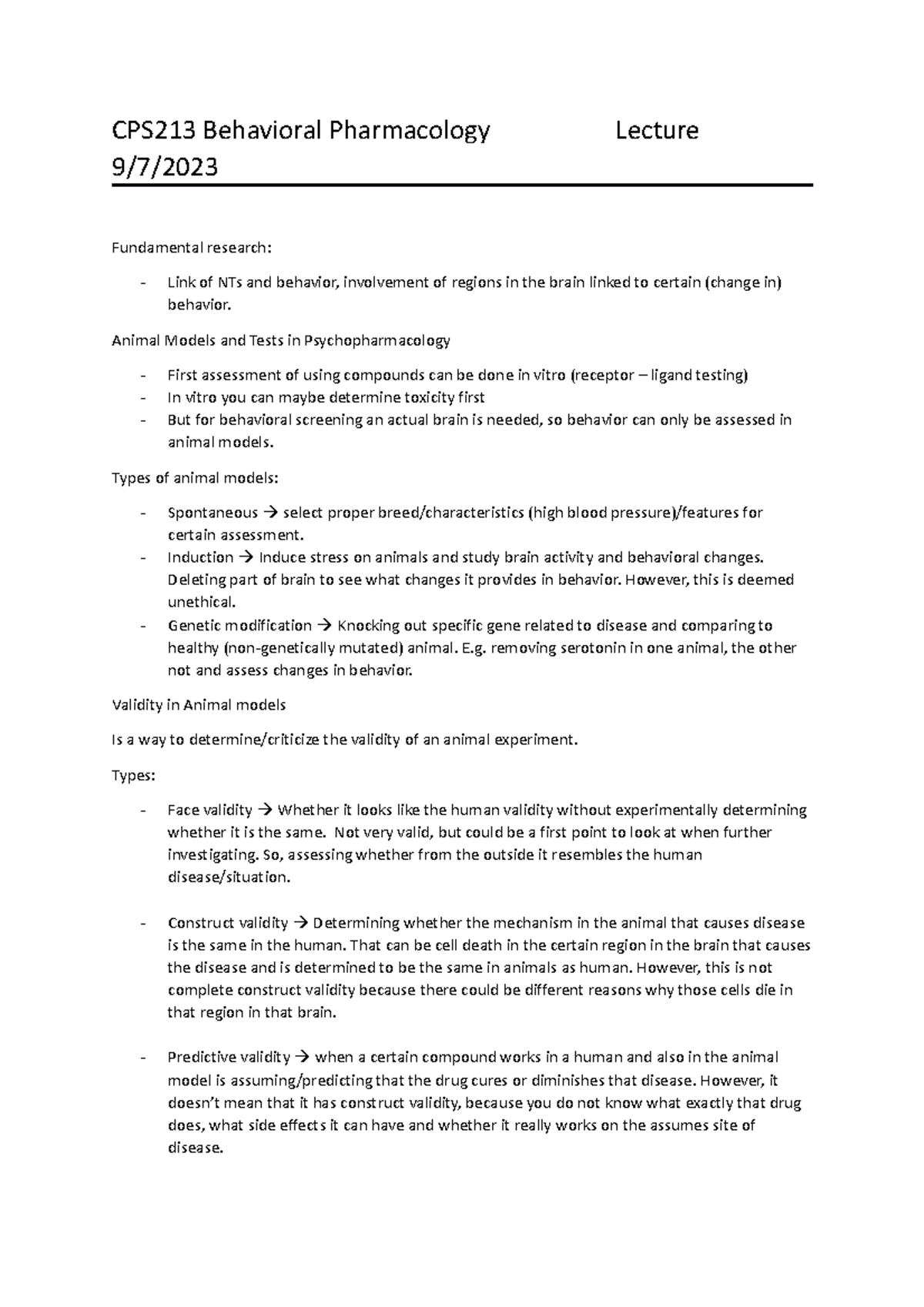 Behavioral Pharmacology animal models CPS213 Behavioral