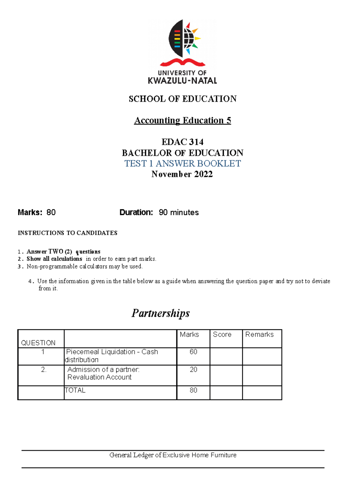 TEST 1 Answer Booklet EDAC314 - SCHOOL OF EDUCATION Accounting ...