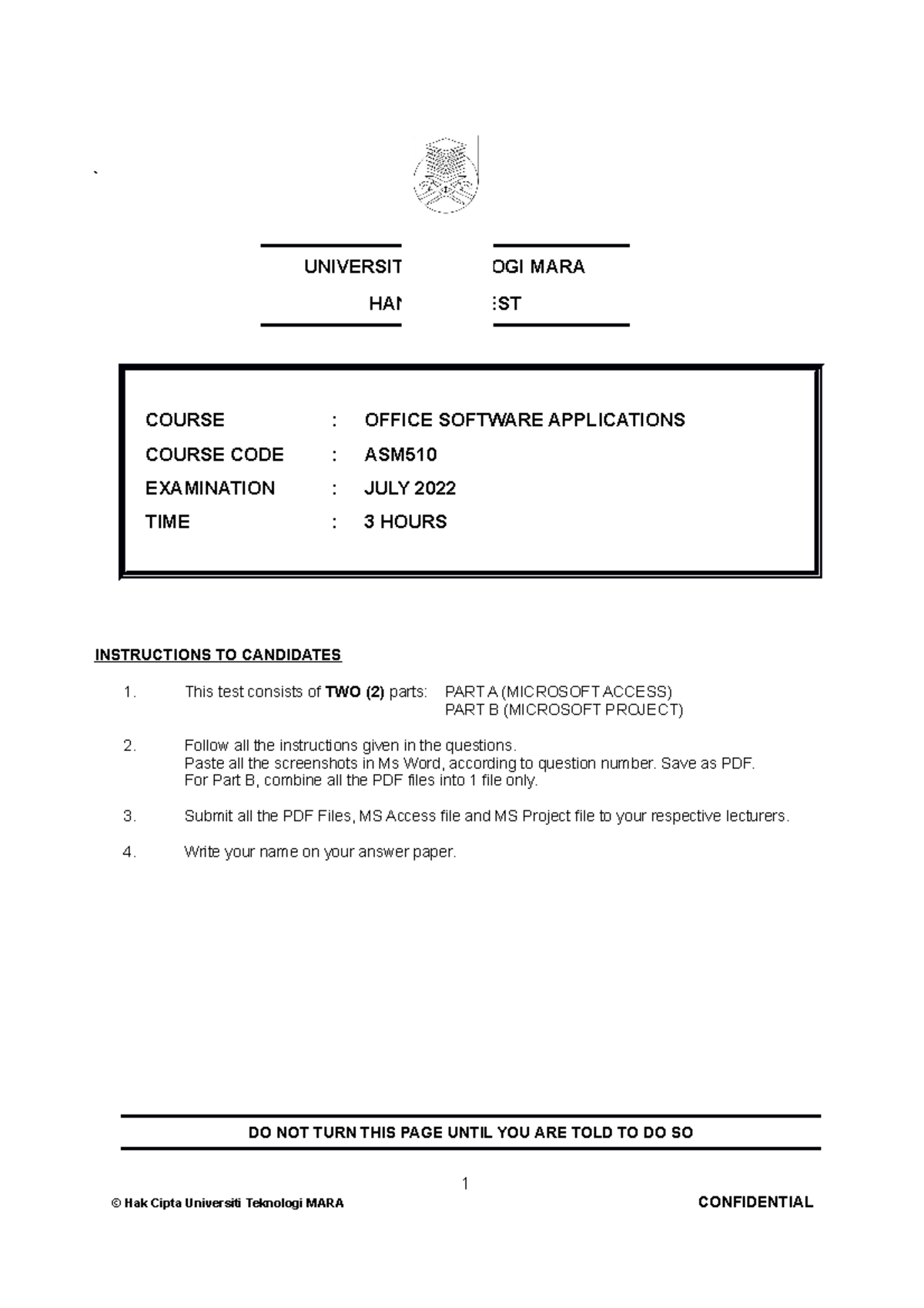 HOT Semester 20222 - Question Paper - ` UNIVERSITI TEKNOLOGI MARA HANDS ...