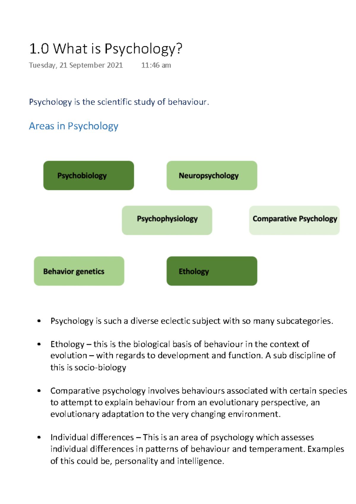 1.0 What Is Psychology - Notes - Psychology Is The Scientific Study Of ...