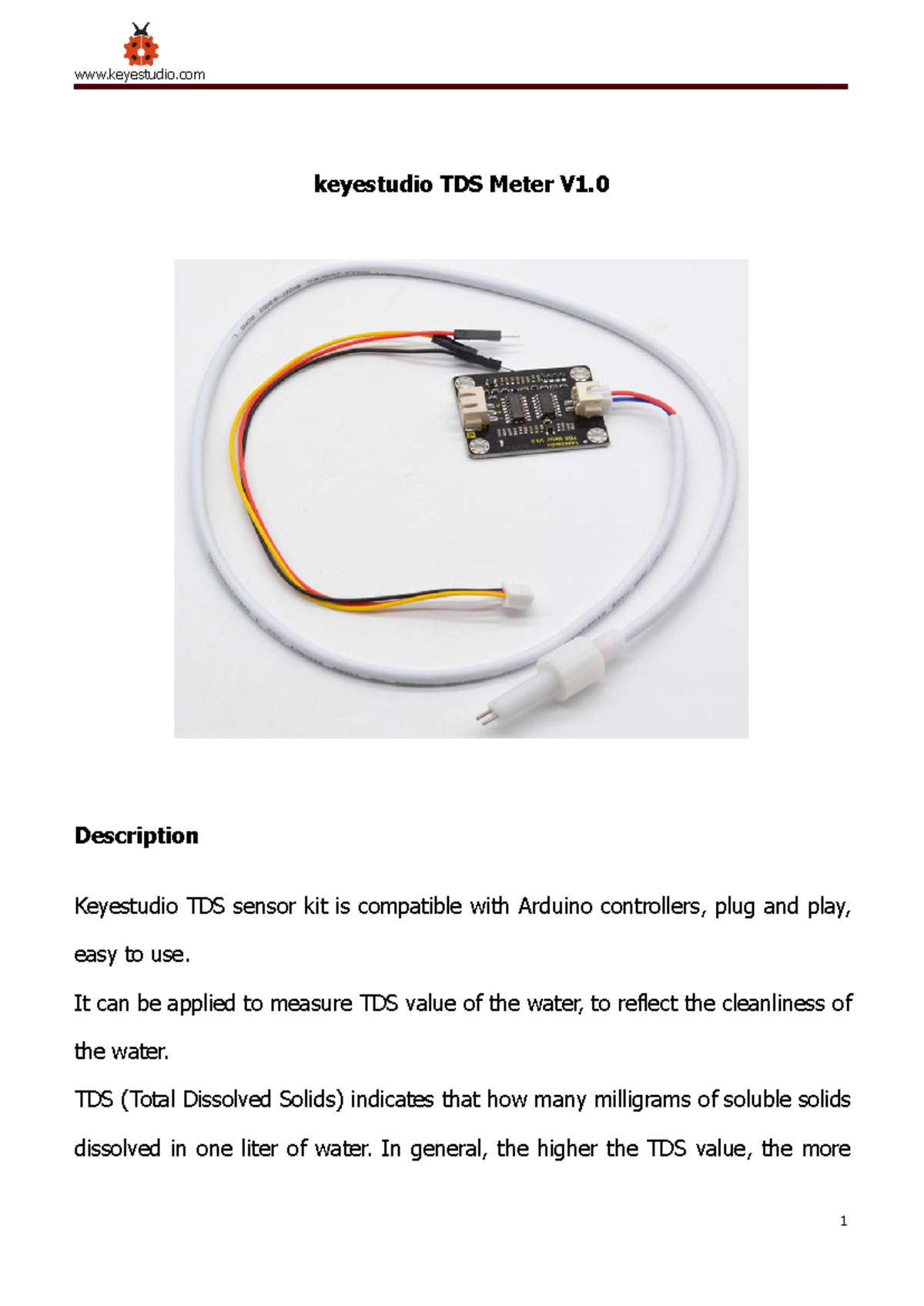 KS0429 keyestudio TDS Meter V1 - keyestudio TDS Meter V1. Description ...