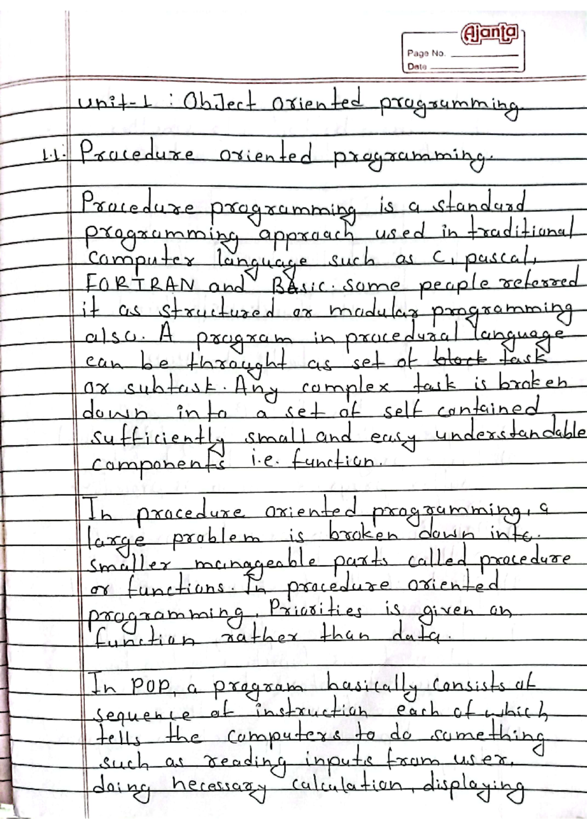 Java unit 1 Handwritten Note - Ajanta Page No. Date 1 Object oriented ...