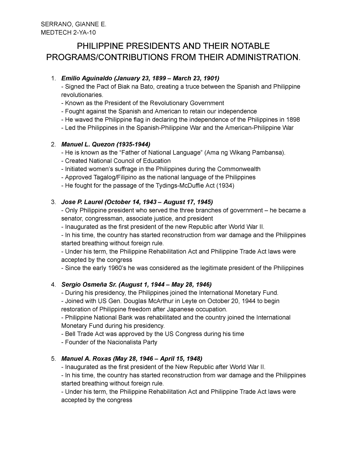 Philippine Presidents Medtech 2 Ya Philippine Preside