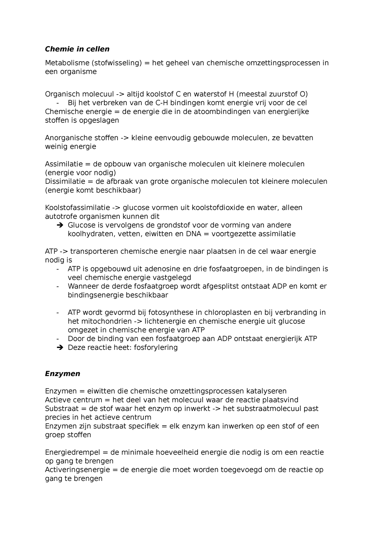 Bio Samenvatting Stofwisseling In De Cel Chemie In Cellen Metabolisme Stofwisseling Het