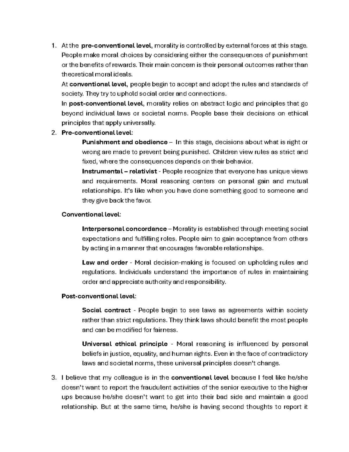 Assignment 1 - An idea with regards to levels of morality - At the pre ...