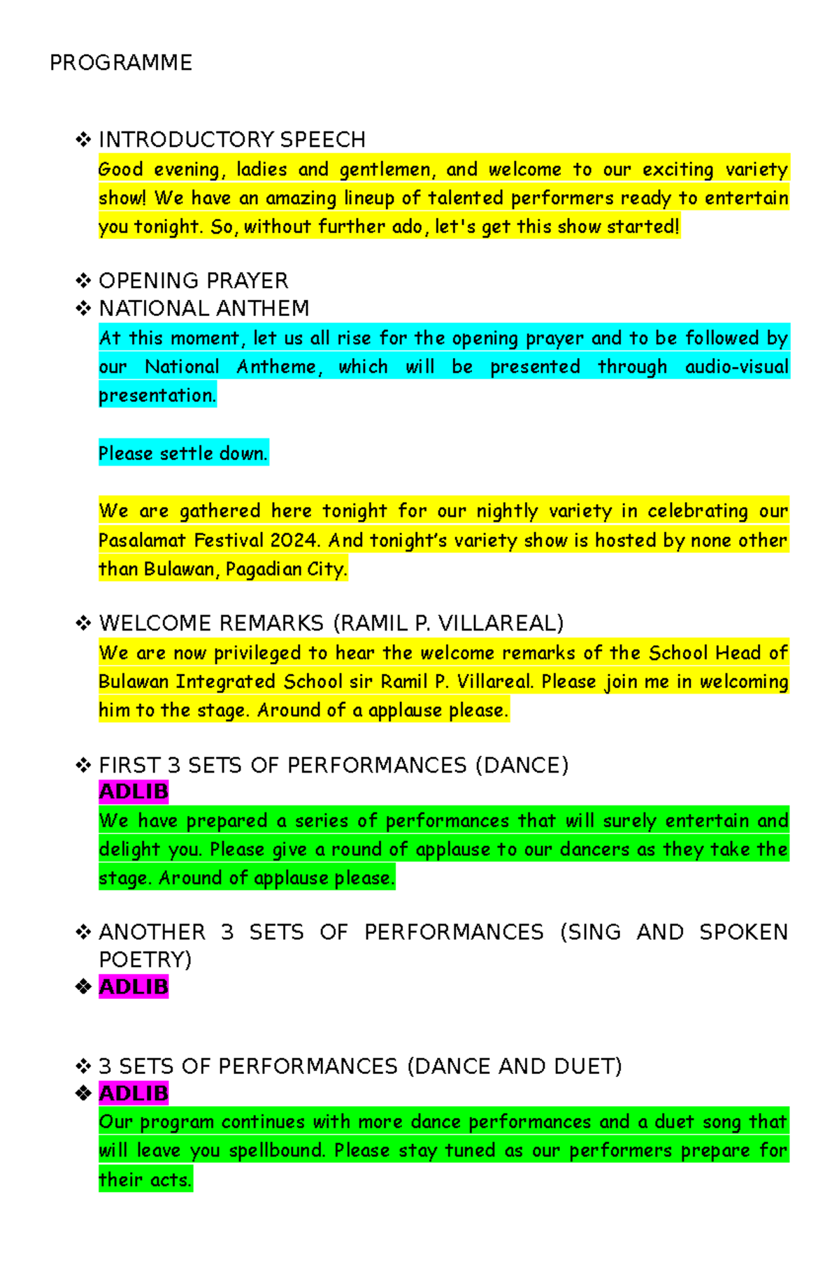 Emcee Script FOR Variety SHOW - PROGRAMME INTRODUCTORY SPEECH Good ...