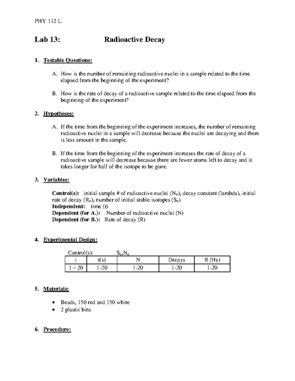 PHY112L Lab13 Radioactive Decay Lab 13 Radioactive Decay 1