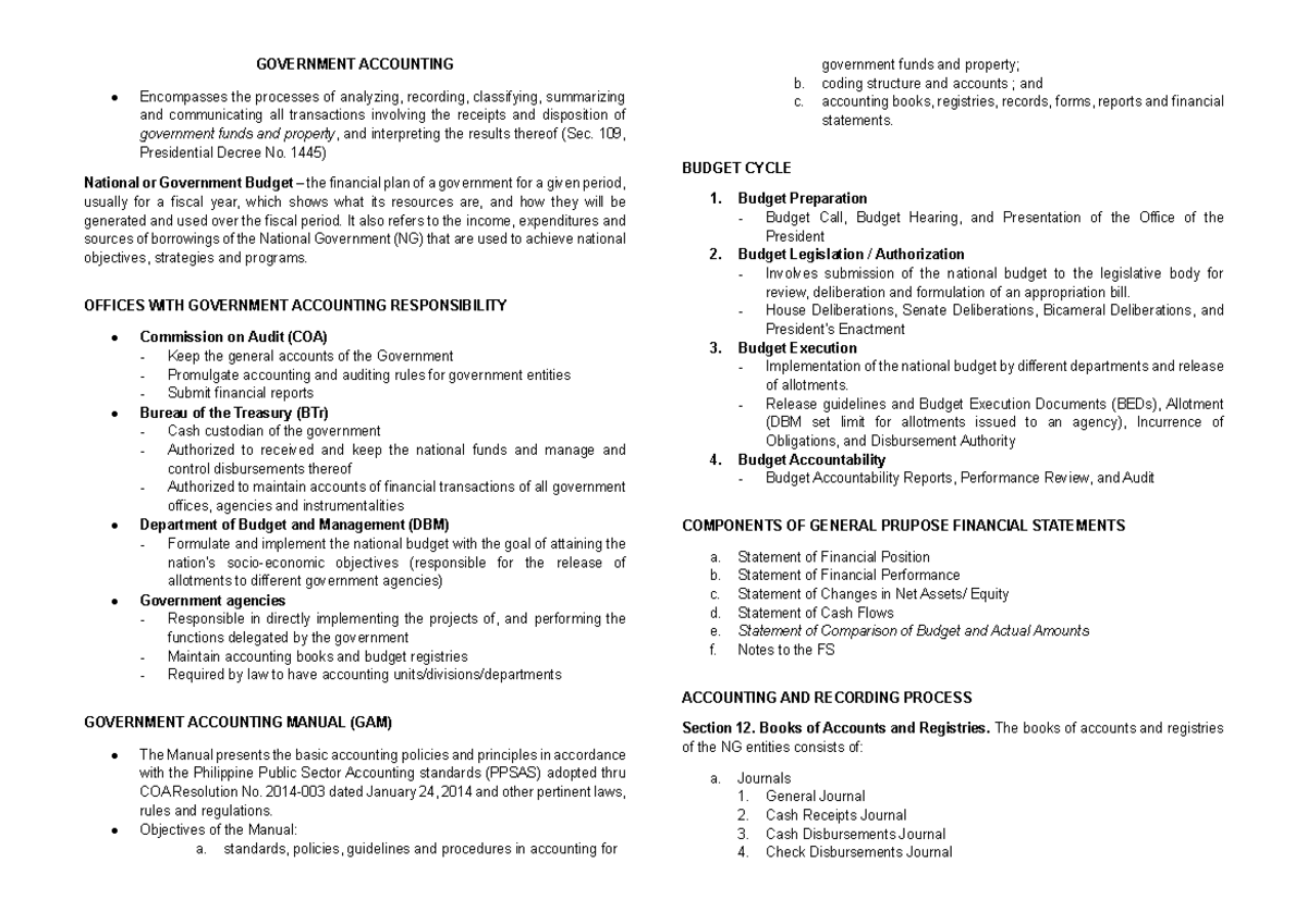 Government Accounting Summary Notes - GOVERNMENT ACCOUNTING Encompasses ...
