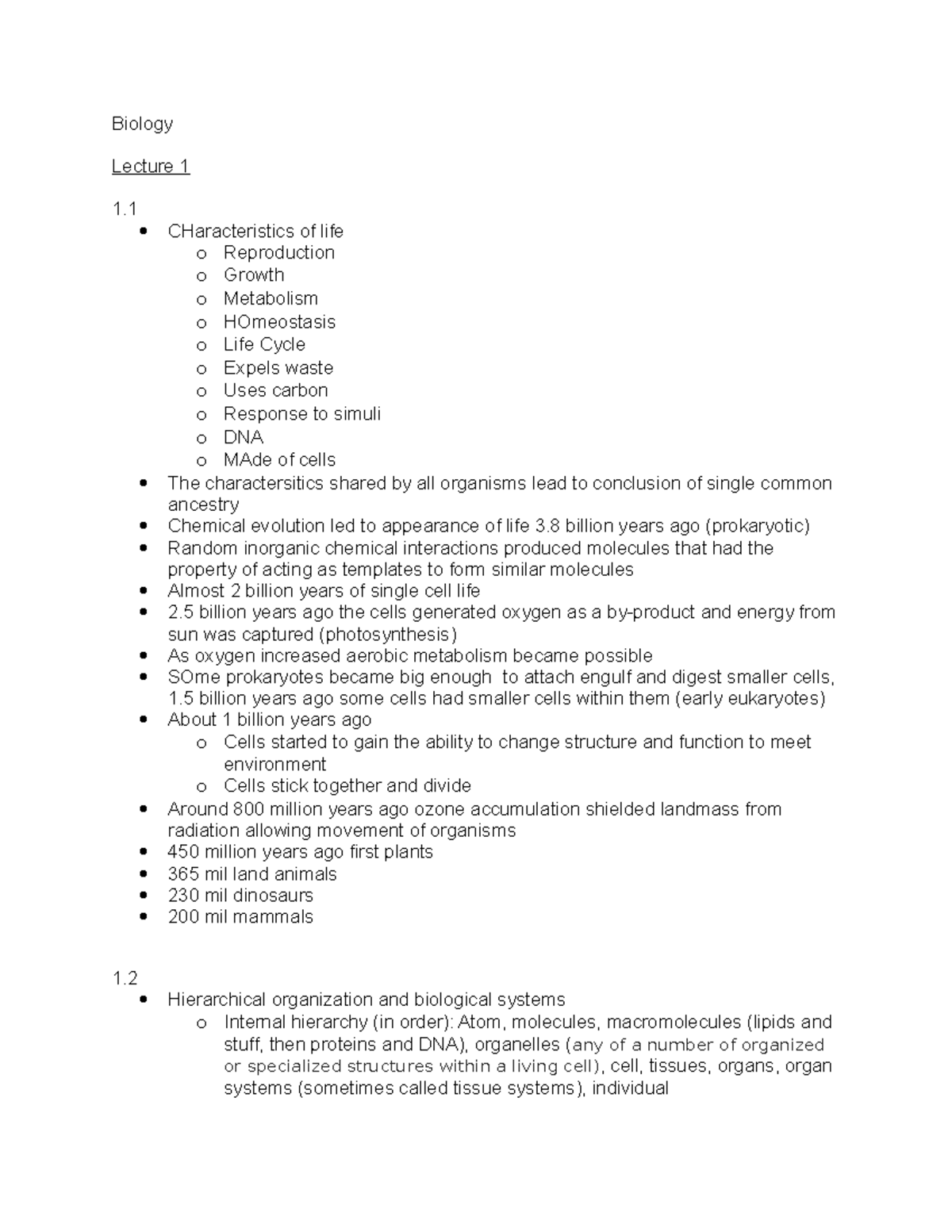 Biology notes exam 1 - Biology Lecture 1 1 CHaracteristics of life o ...