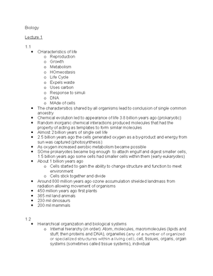 Biology notes exam 1 - Biology Lecture 1 1 CHaracteristics of life o ...