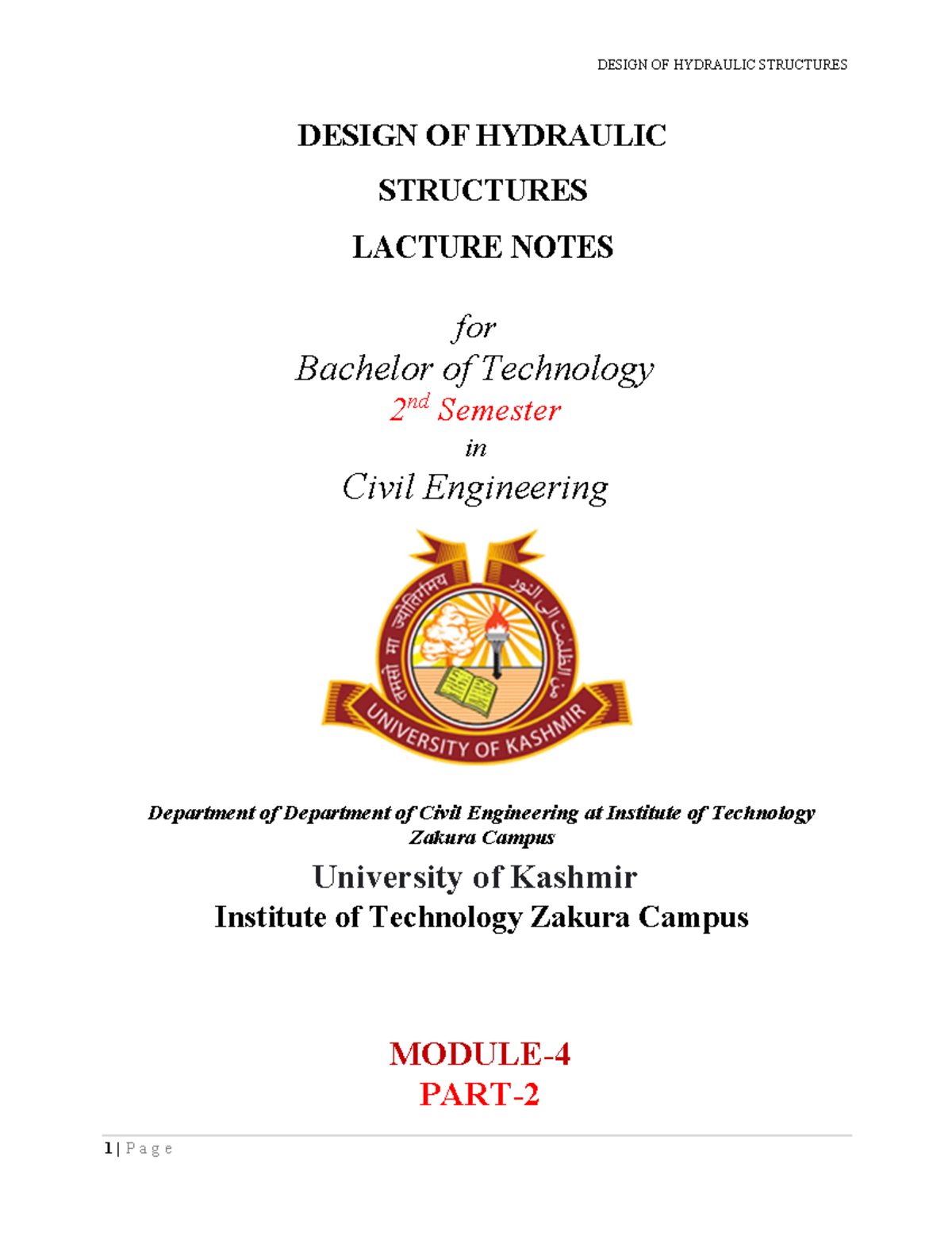 Design OF Hydraulic Structures 2nd Sem Module 4 Part 2 Intakes DESIGN