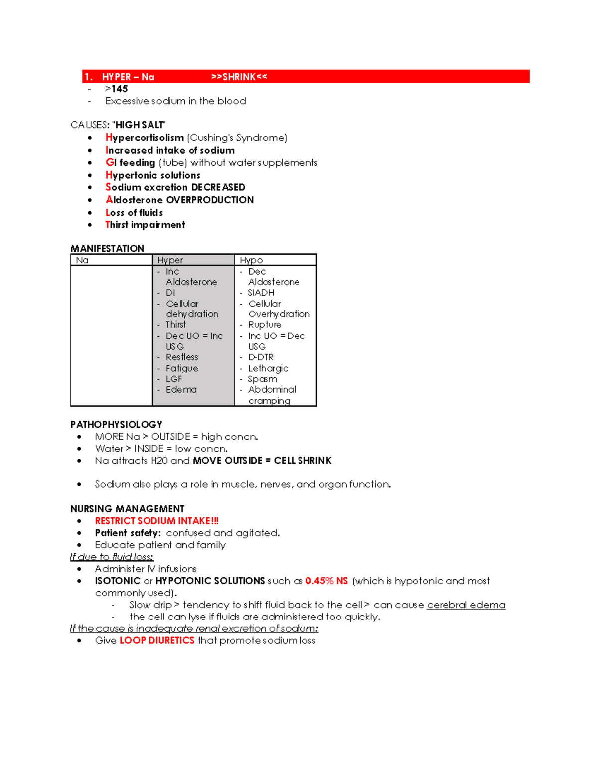 Hypernatremia - 1. HYPER – Na >>SHRINK