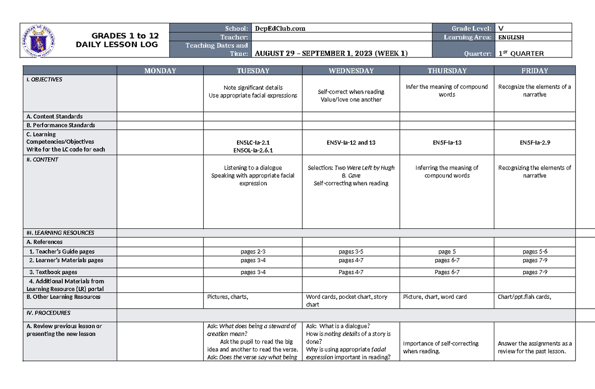 DLL English 5 Q1 W1 - GRADES 1 to 12 DAILY LESSON LOG School: DepEdClub ...