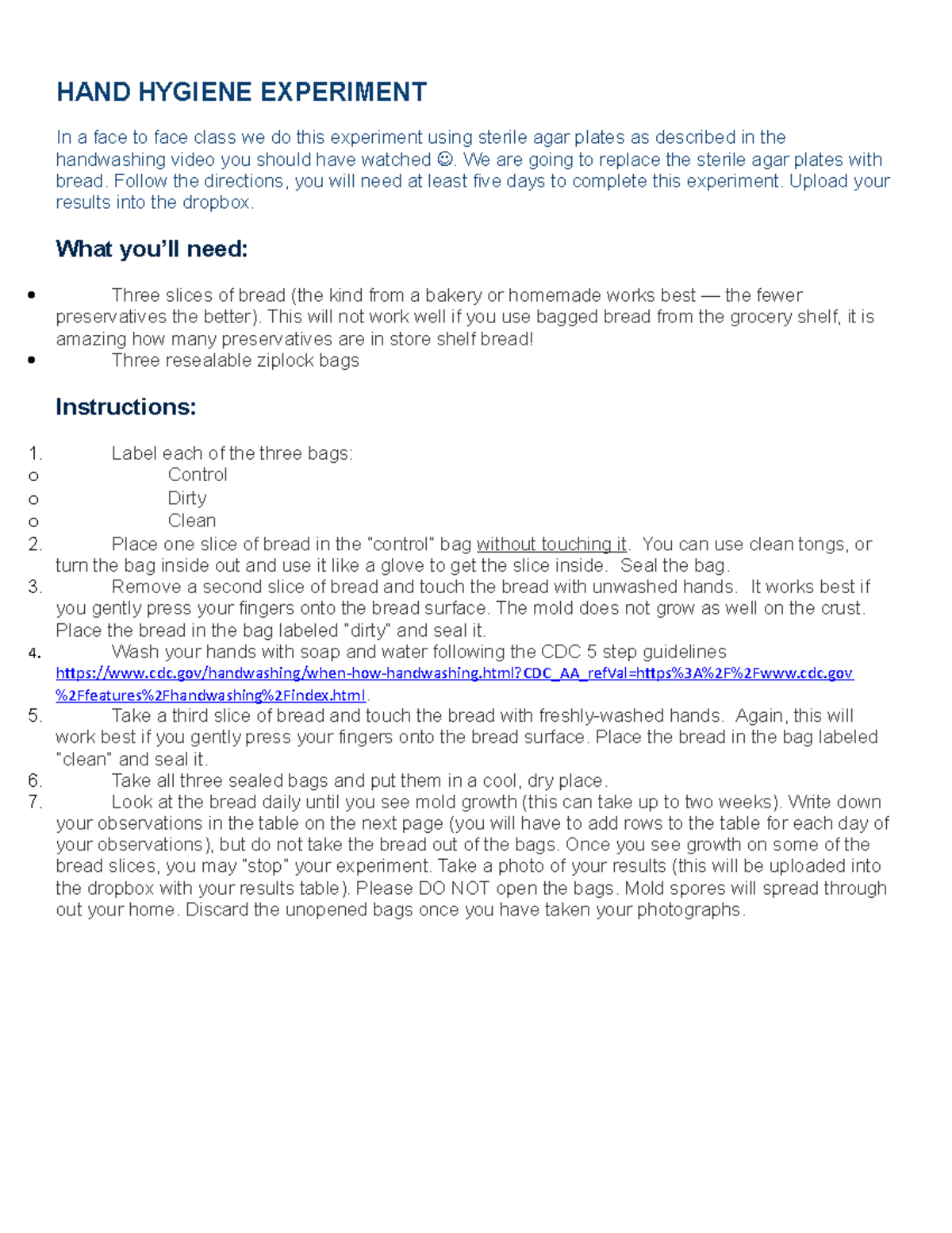 Hand Hygiene Experiment HAND HYGIENE EXPERIMENT In a face to face