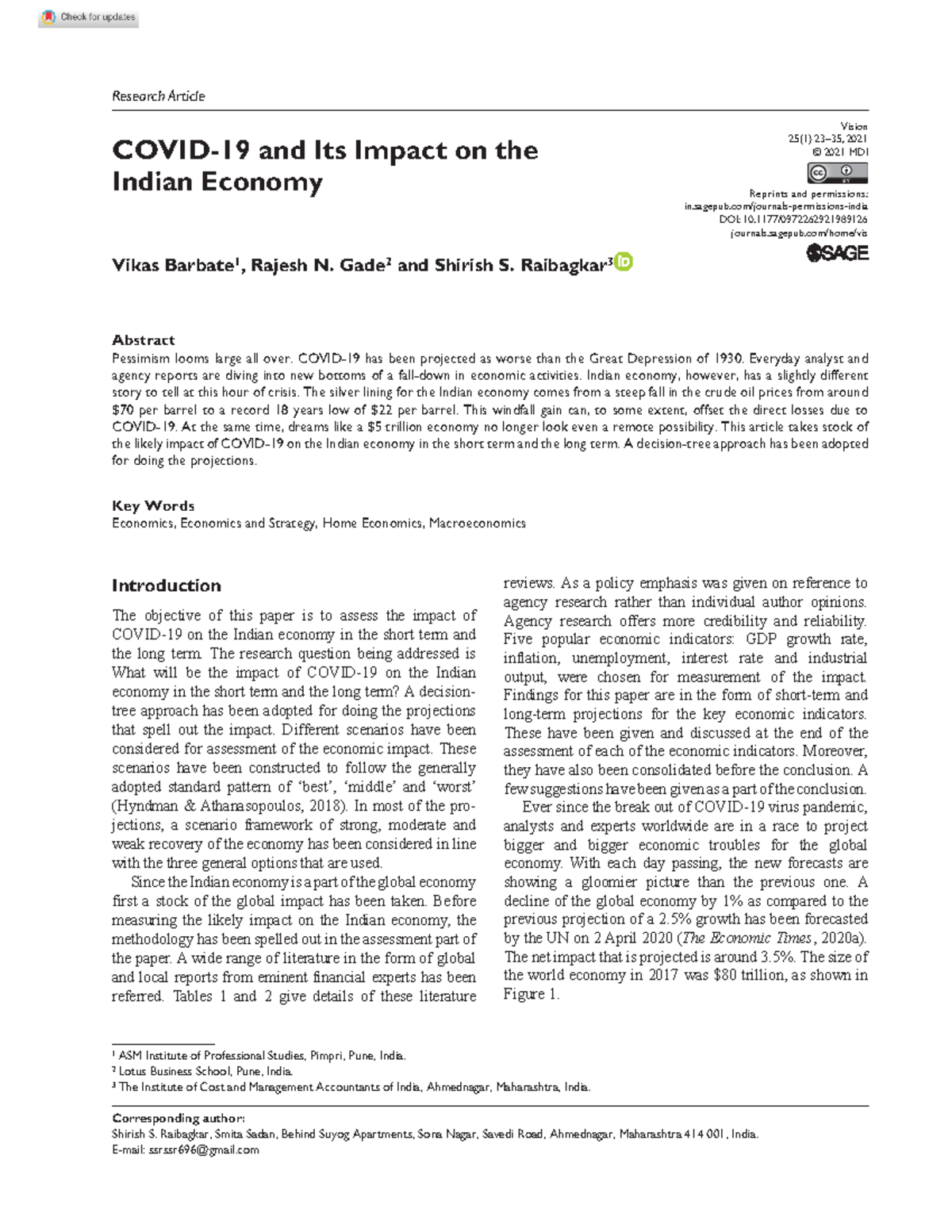 Impact of Covid in india - Vision 25(1) 23–35, 2021 © 2021 MDI Reprints ...